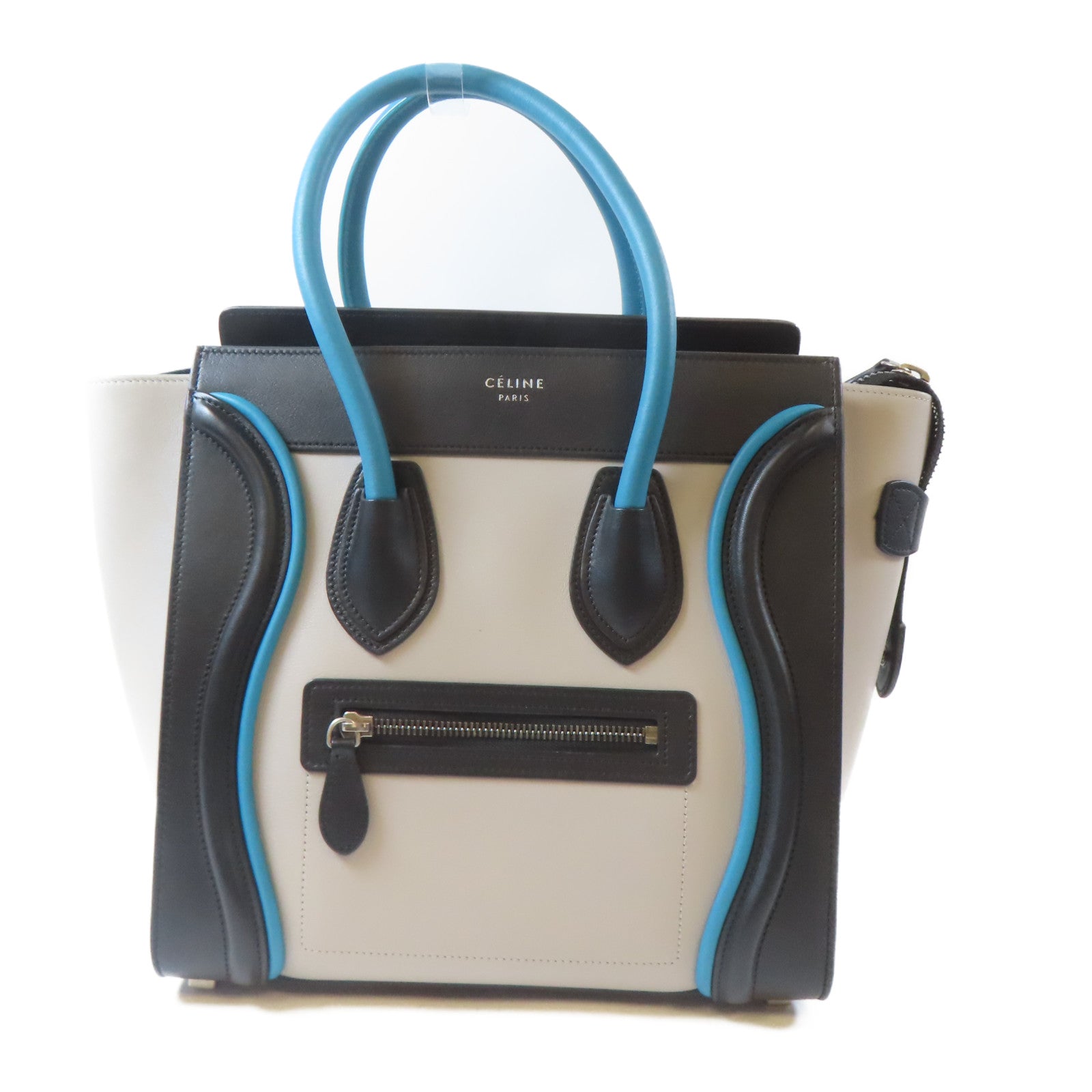 CELINE 牛皮皮革Luggage銀扣手挽袋黑色/灰色/綠松石色