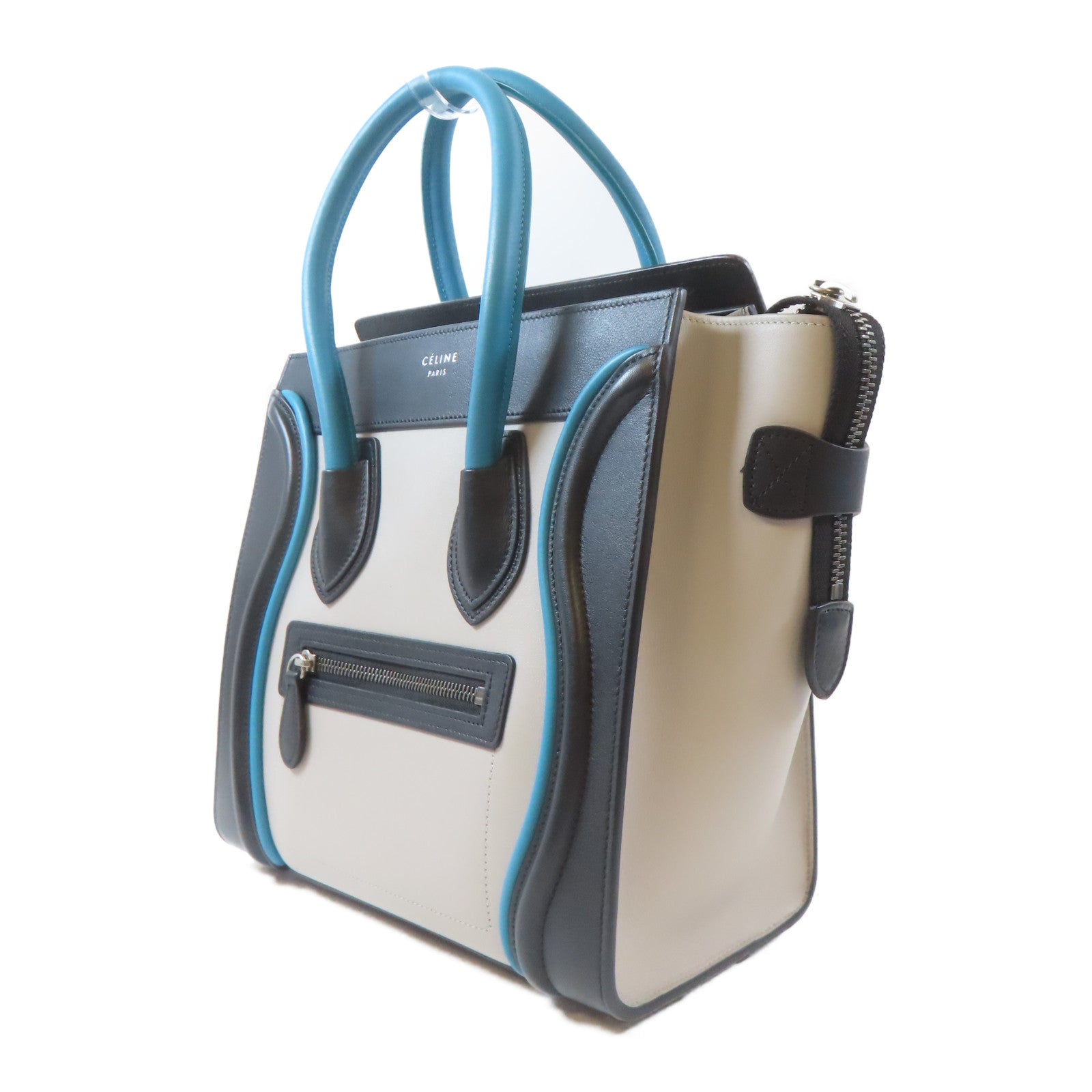 CELINE 牛皮皮革Luggage銀扣手挽袋黑色/灰色/綠松石色
