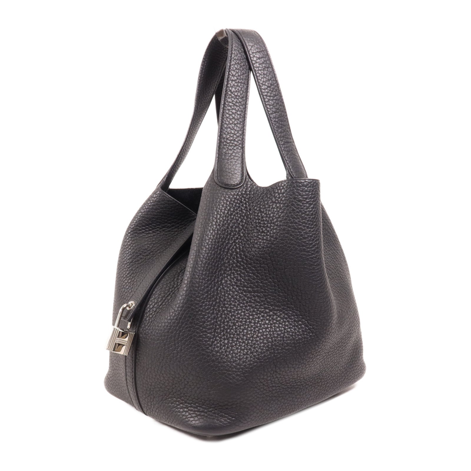 HERMES Clemence皮革Picotin MM銀扣手挽袋Noir