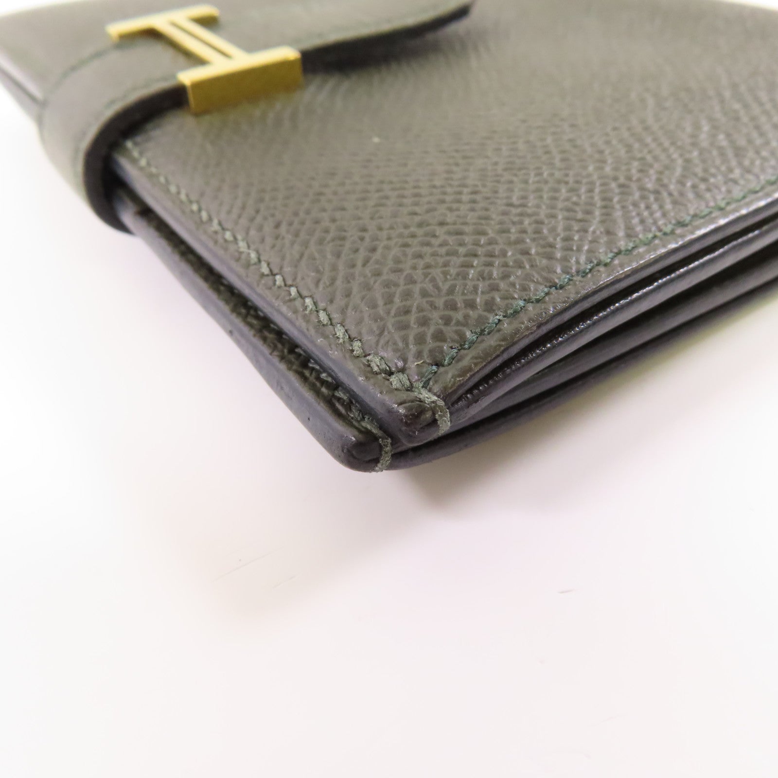 HERMES Epsom皮革Bearn Compact金扣錢包Vert Maquis