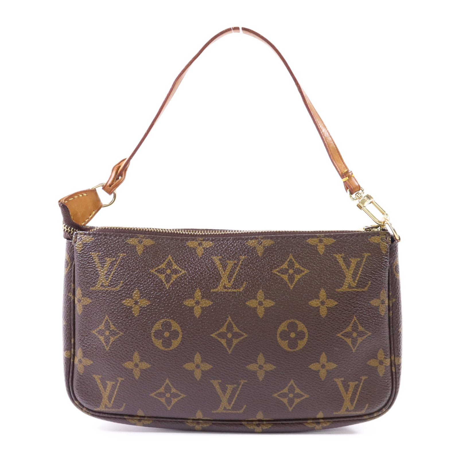LOUIS VUITTON Monogram Pochette Accessoires金扣手挽袋棕色
