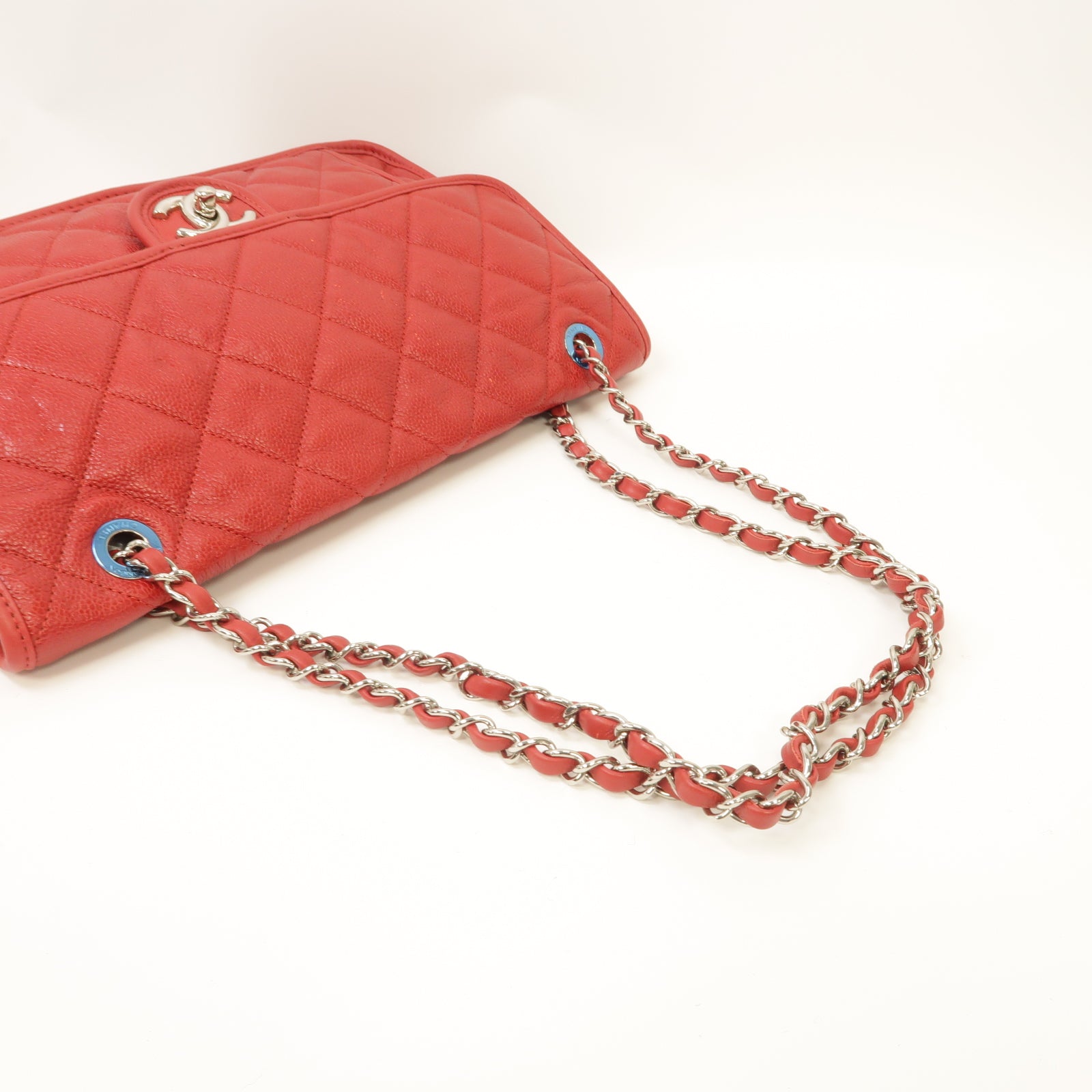 CHANEL 【激減優惠】菱格Caviar皮革Chain Shoulder銀扣鏈帶肩背袋紅色