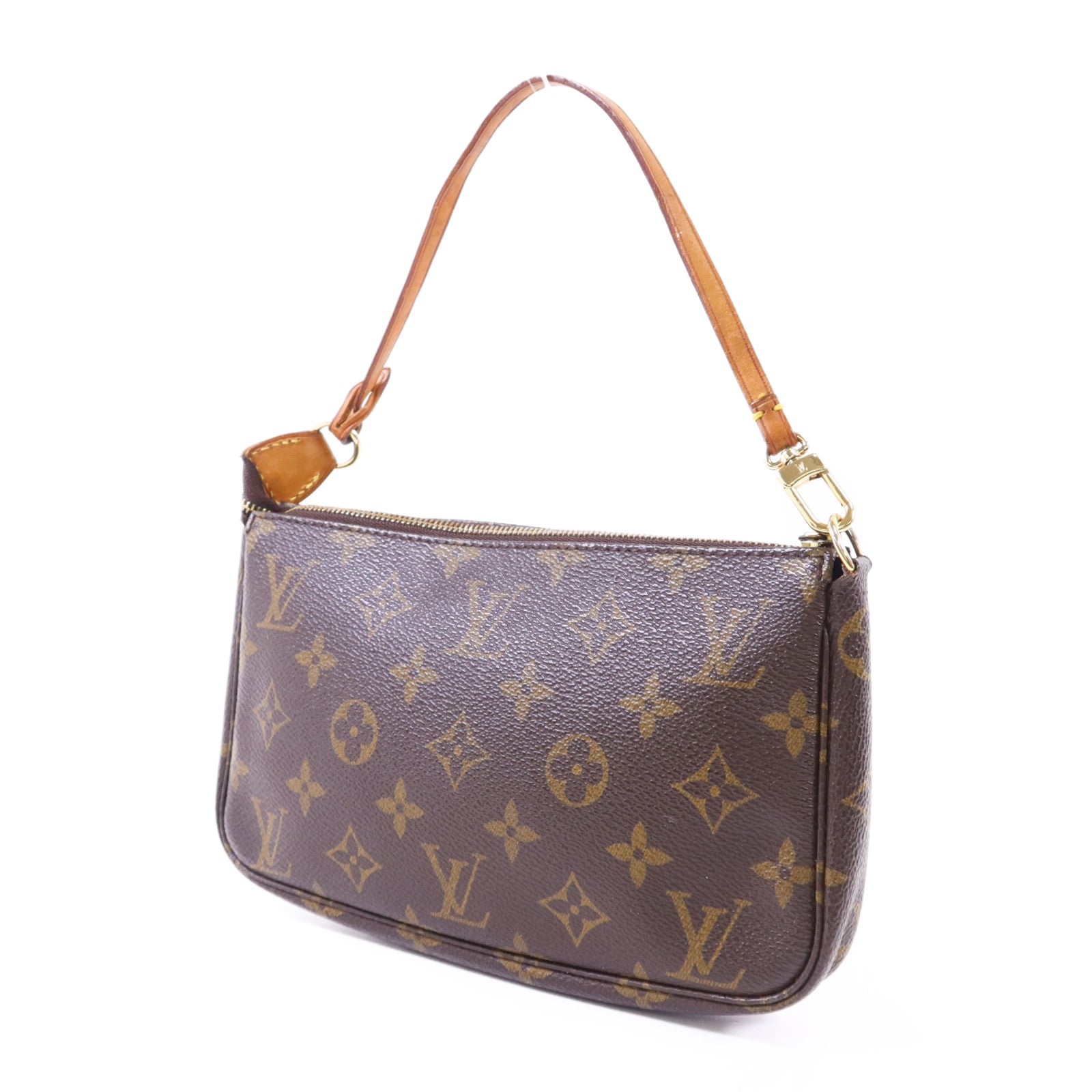 LOUIS VUITTON Monogram Pochette Accessoires金扣手挽袋棕色