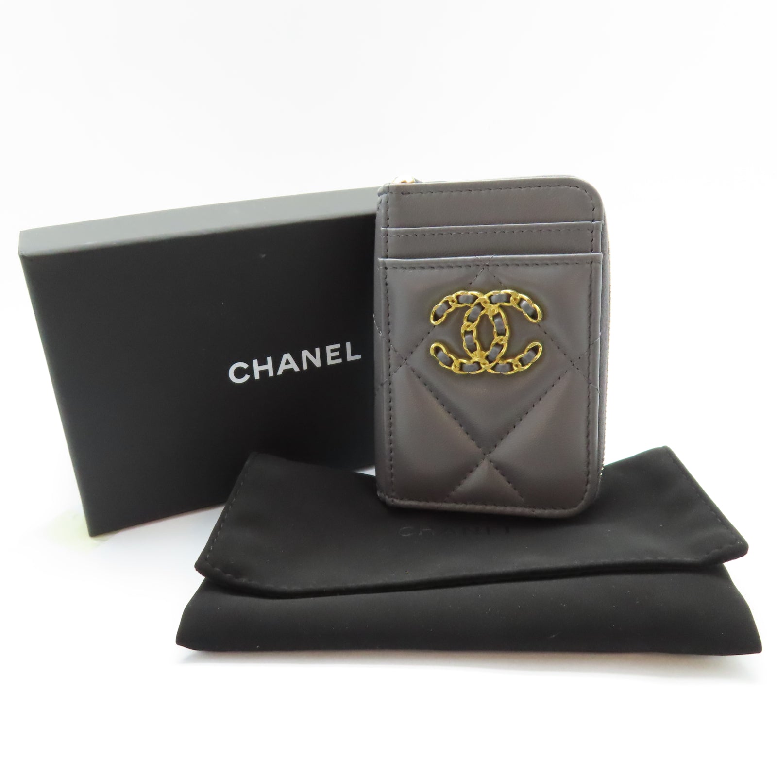 CHANEL 菱格羊皮皮革Card Holder金扣卡片套灰色