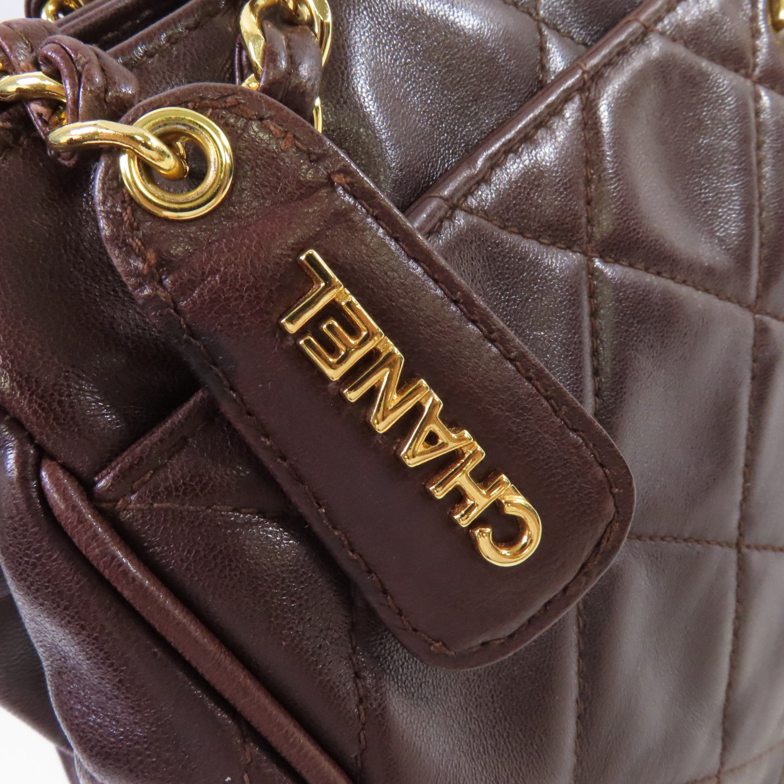 CHANEL 菱格羊皮皮革Chain Shoulder Bag金扣鏈帶肩背袋啡色