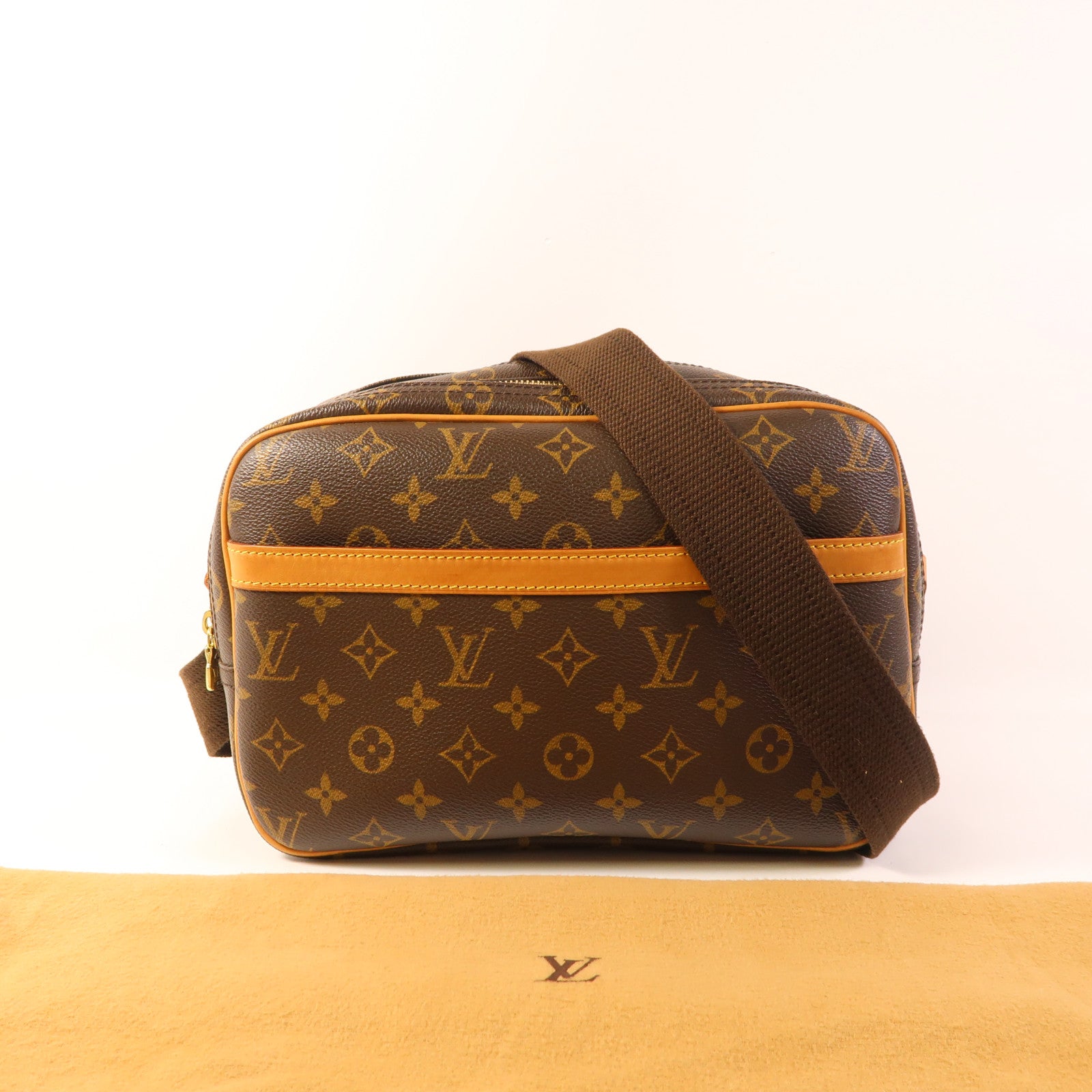 LOUIS VUITTON Monogram Reporter PM金扣肩背袋棕色