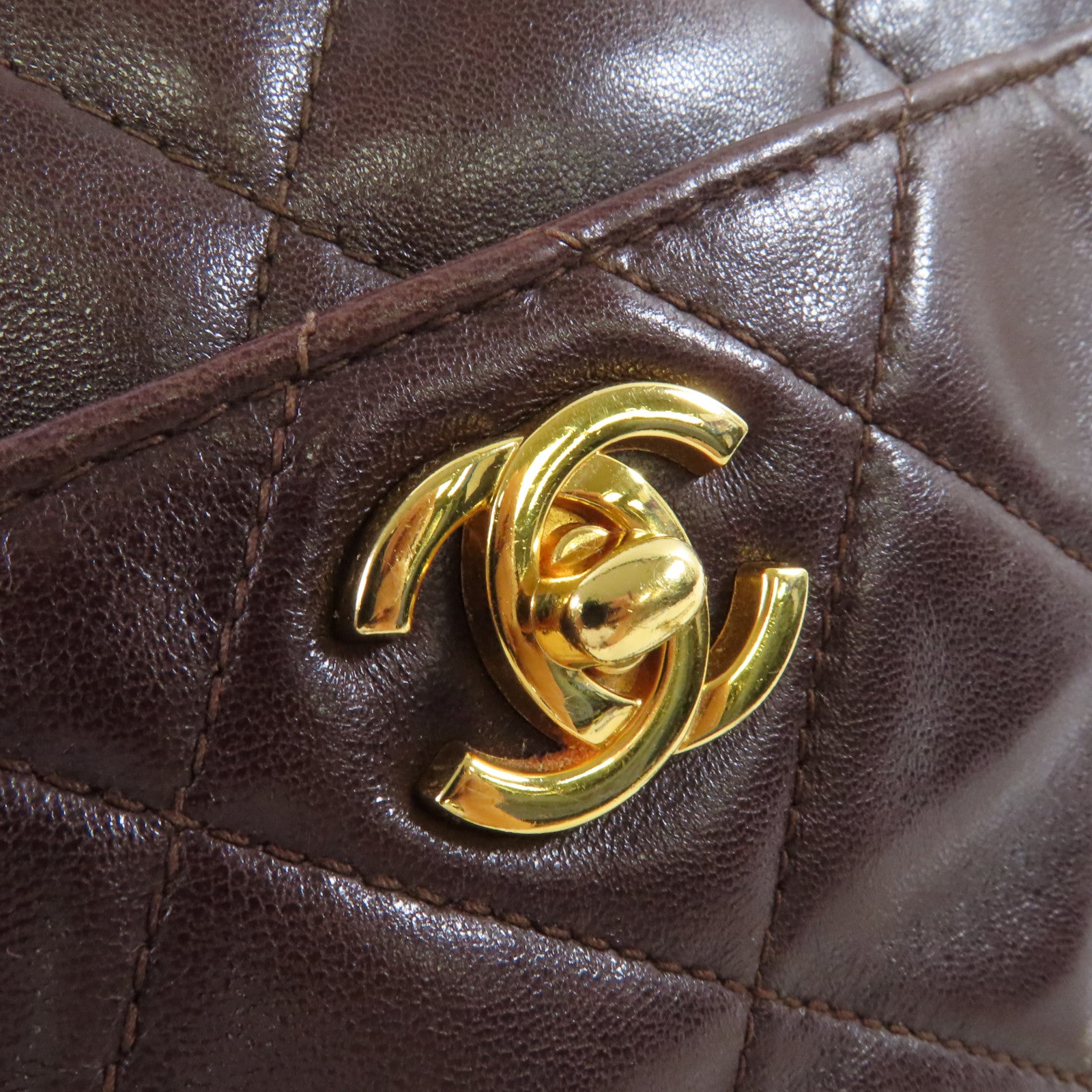 CHANEL 菱格羊皮皮革Chain Shoulder Bag金扣鏈帶肩背袋啡色