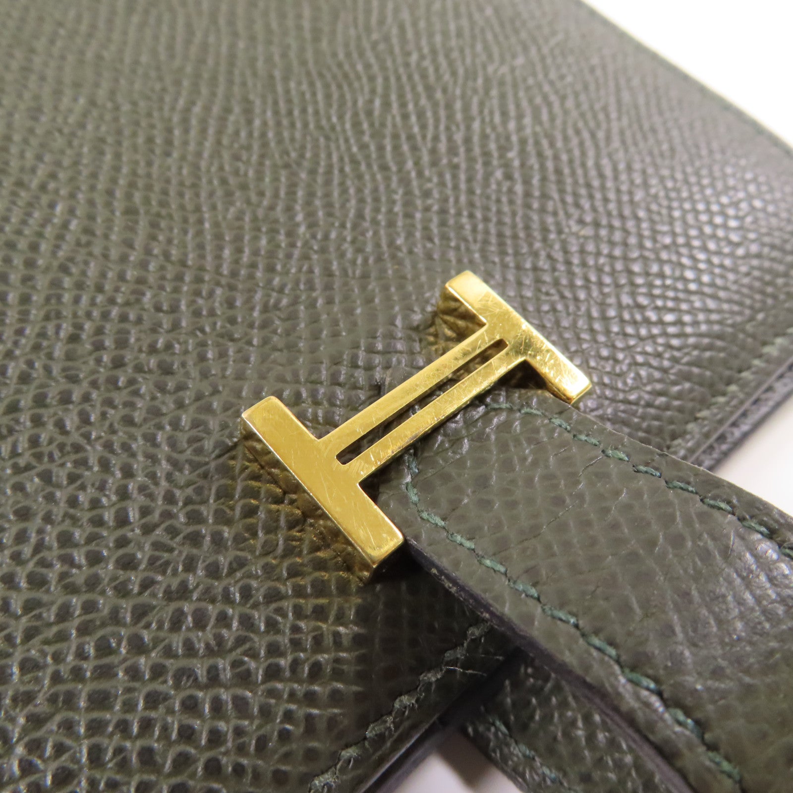 HERMES Epsom皮革Bearn Compact金扣錢包Vert Maquis