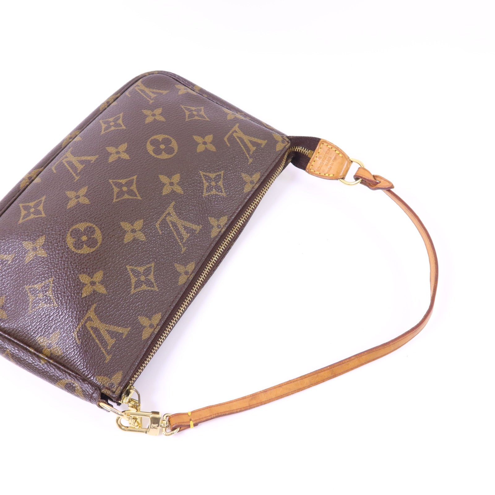 LOUIS VUITTON Monogram Pochette Accessoires金扣手挽袋棕色
