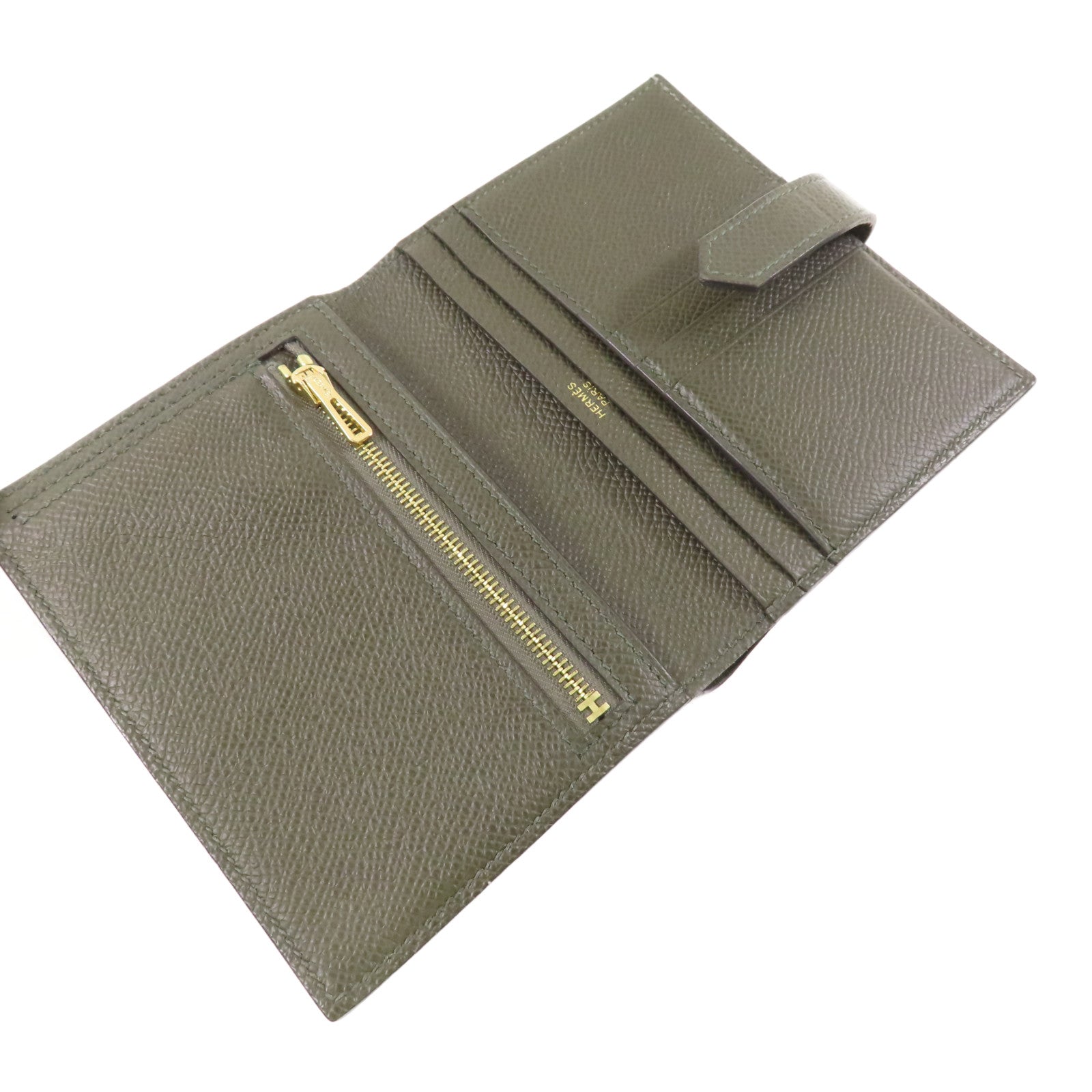 HERMES GHW Bearn Compact Round Wallet Epsom Leather G8 Vert Maquis