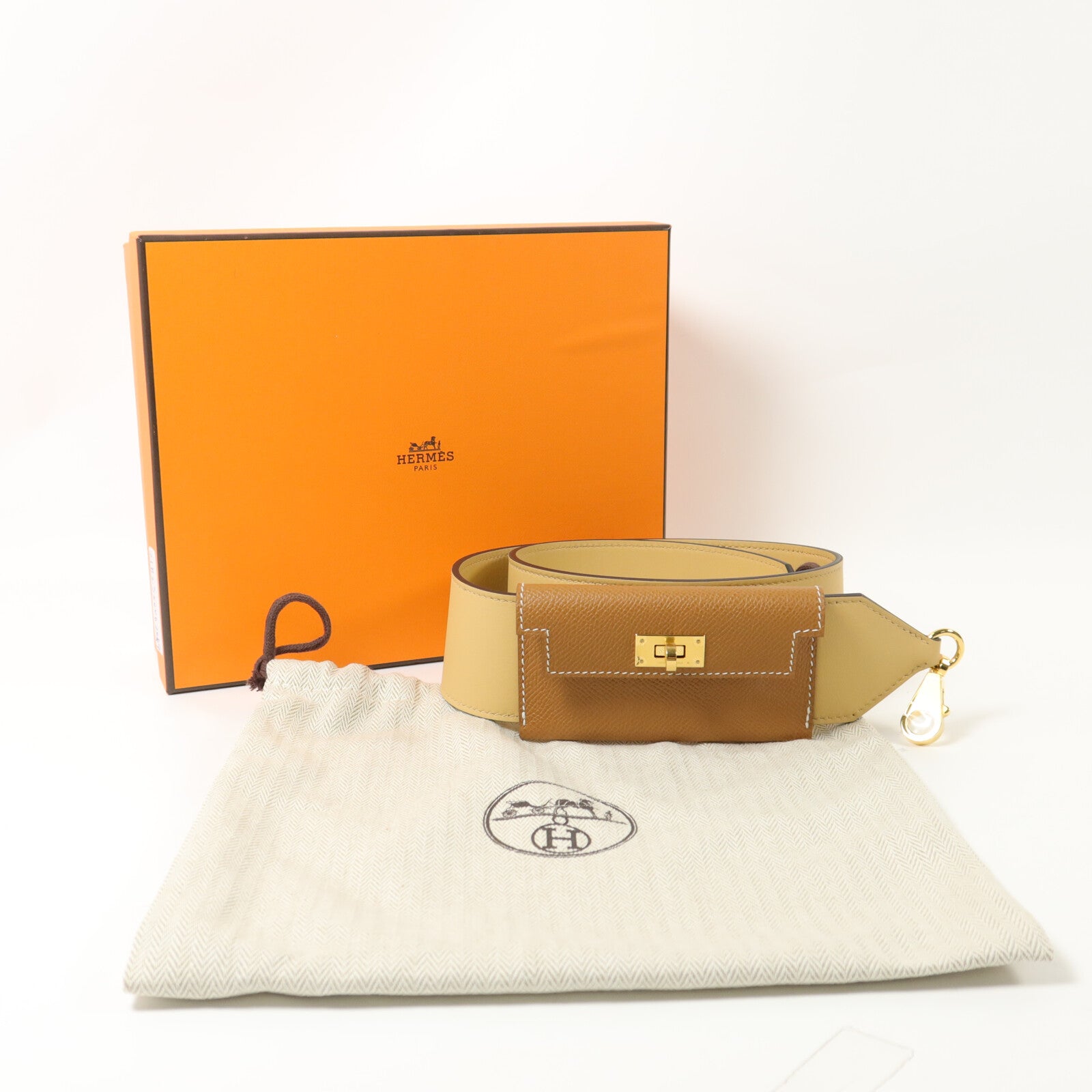 HERMES Epson/Swift皮革Kelly Pocket Strap肩帶Gold/Natural