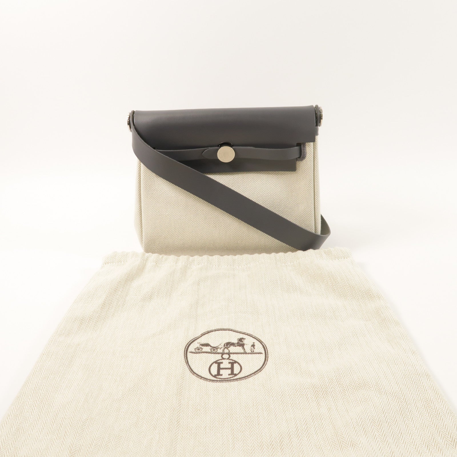 HERMES Toile H帆布/Vache Hunter皮革Mini Herbag銀扣肩背袋Ardoise