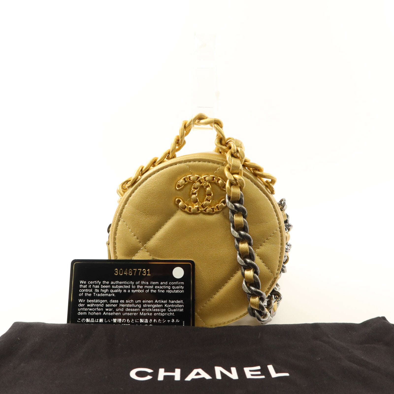 CHANEL 羊皮皮革C19 Round Clutch鏈帶手挽肩背兩用袋