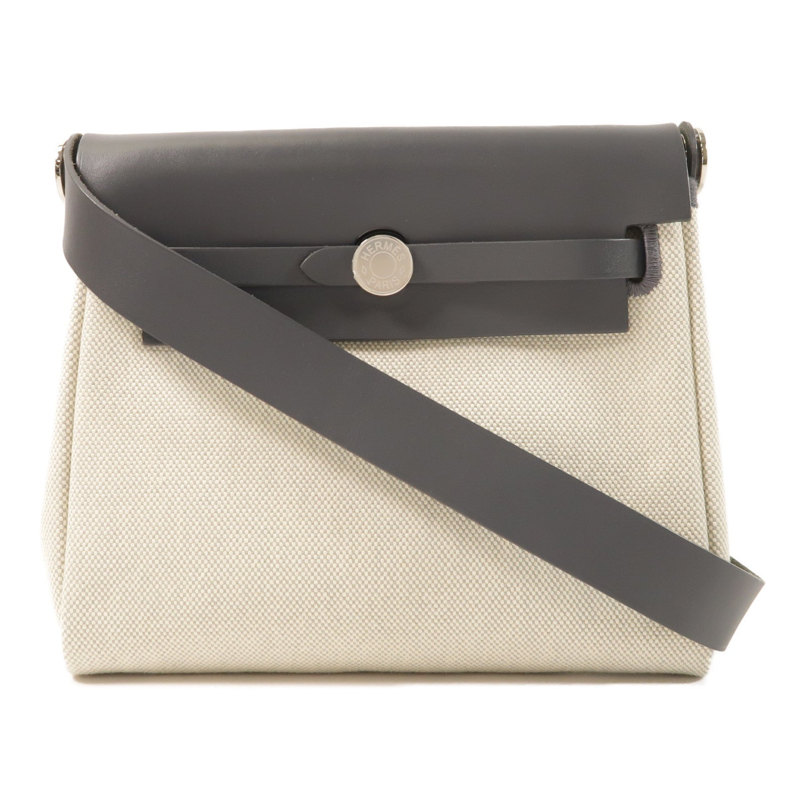 HERMES Toile H帆布/Vache Hunter皮革Mini Herbag銀扣肩背袋Ardoise