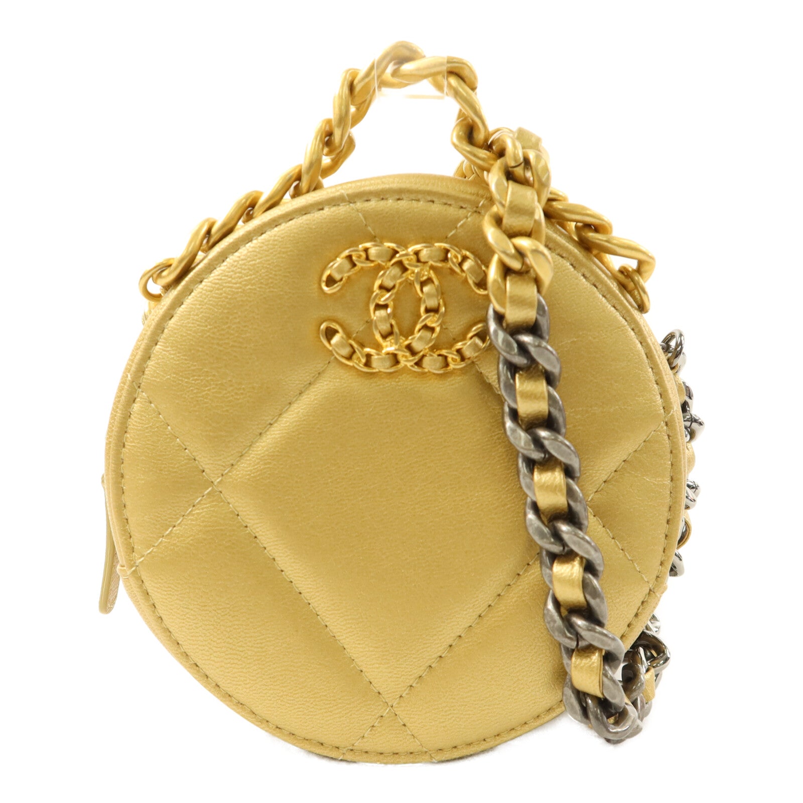 CHANEL 羊皮皮革C19 Round Clutch鏈帶手挽肩背兩用袋