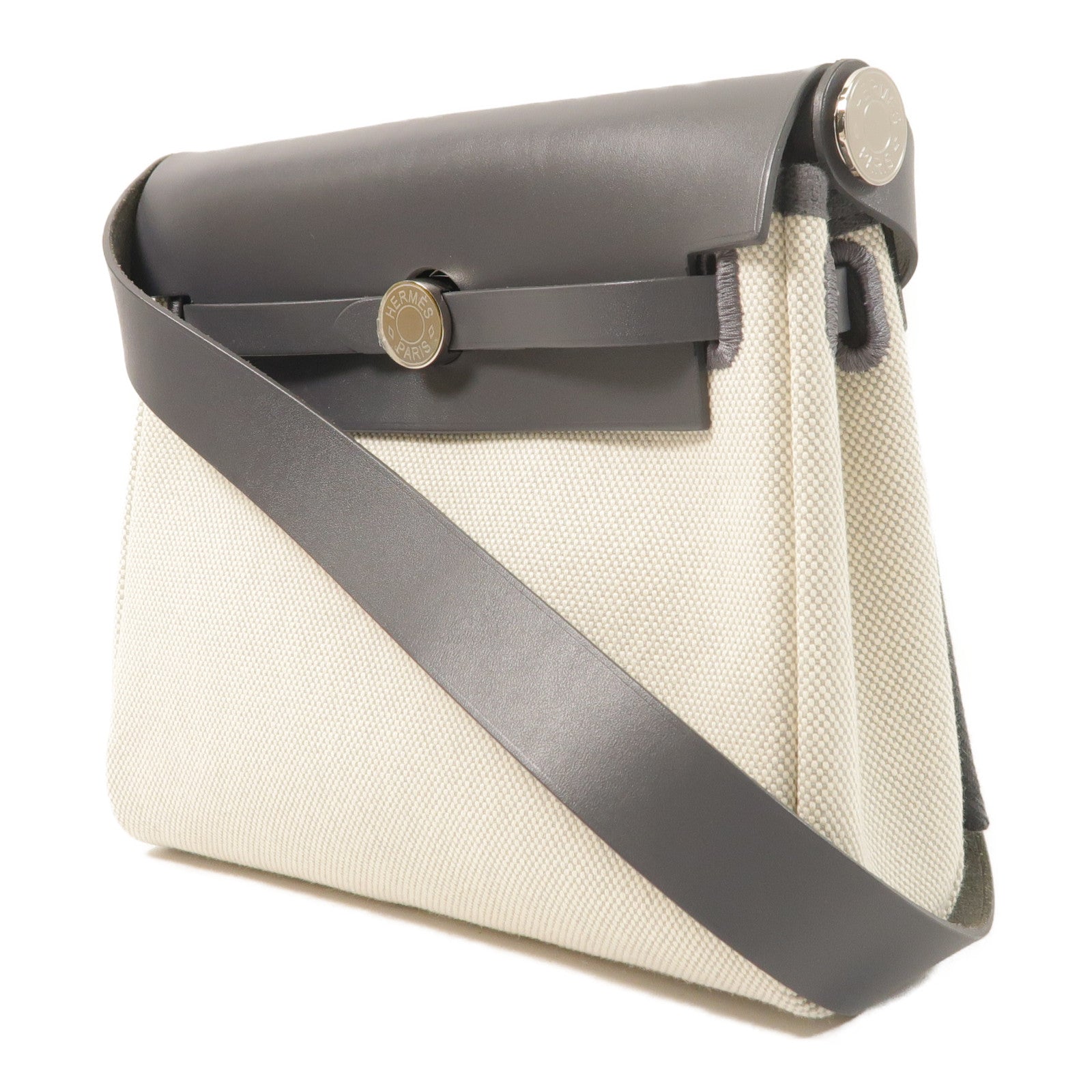 HERMES Toile H帆布/Vache Hunter皮革Mini Herbag銀扣肩背袋Ardoise