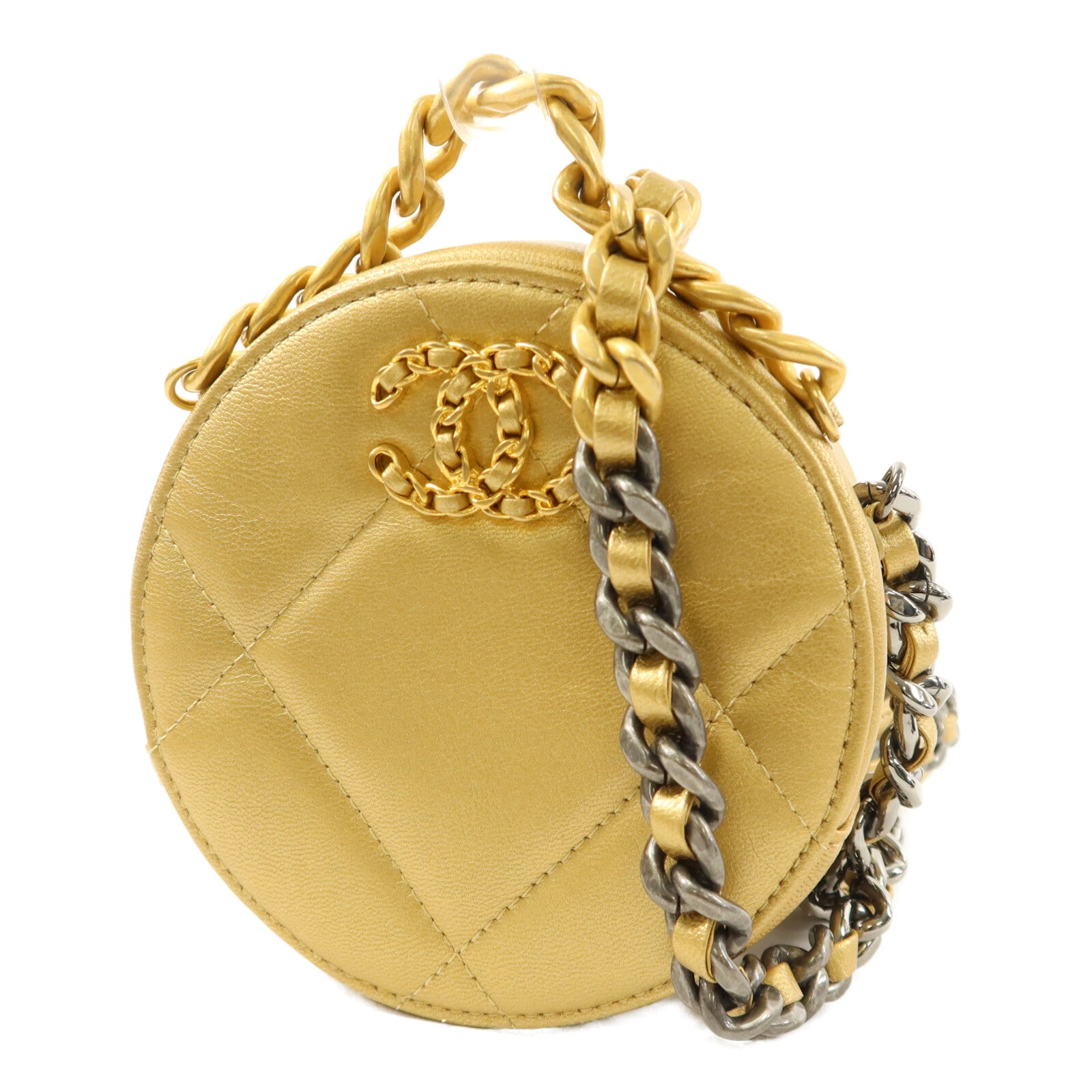 CHANEL 羊皮皮革C19 Round Clutch鏈帶手挽肩背兩用袋