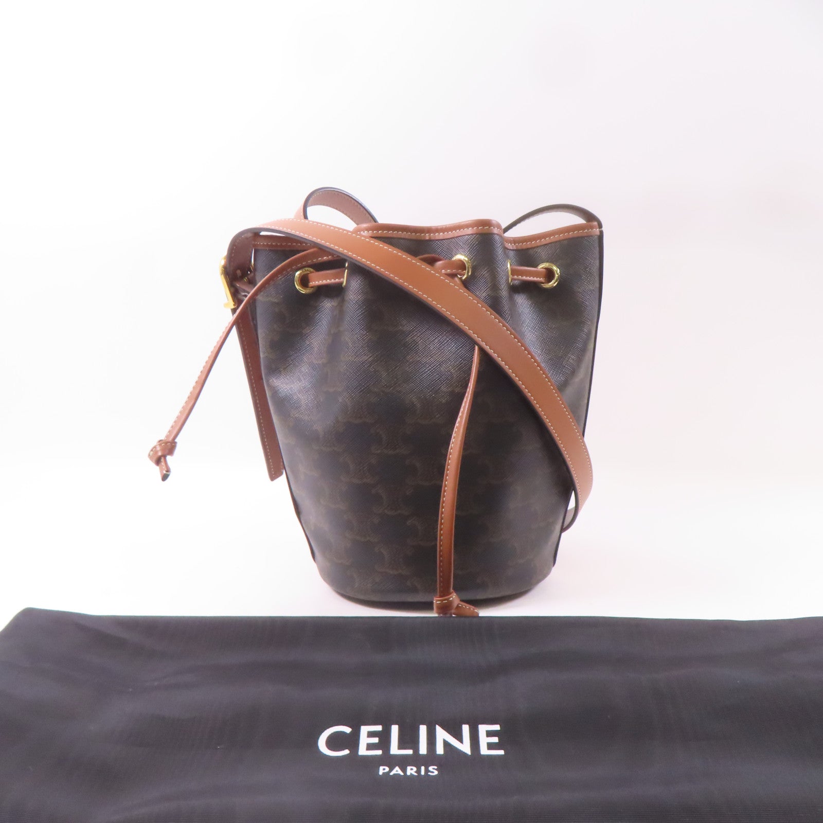 CELINE 塗層帆布Drawstring Bag金扣肩背袋啡色