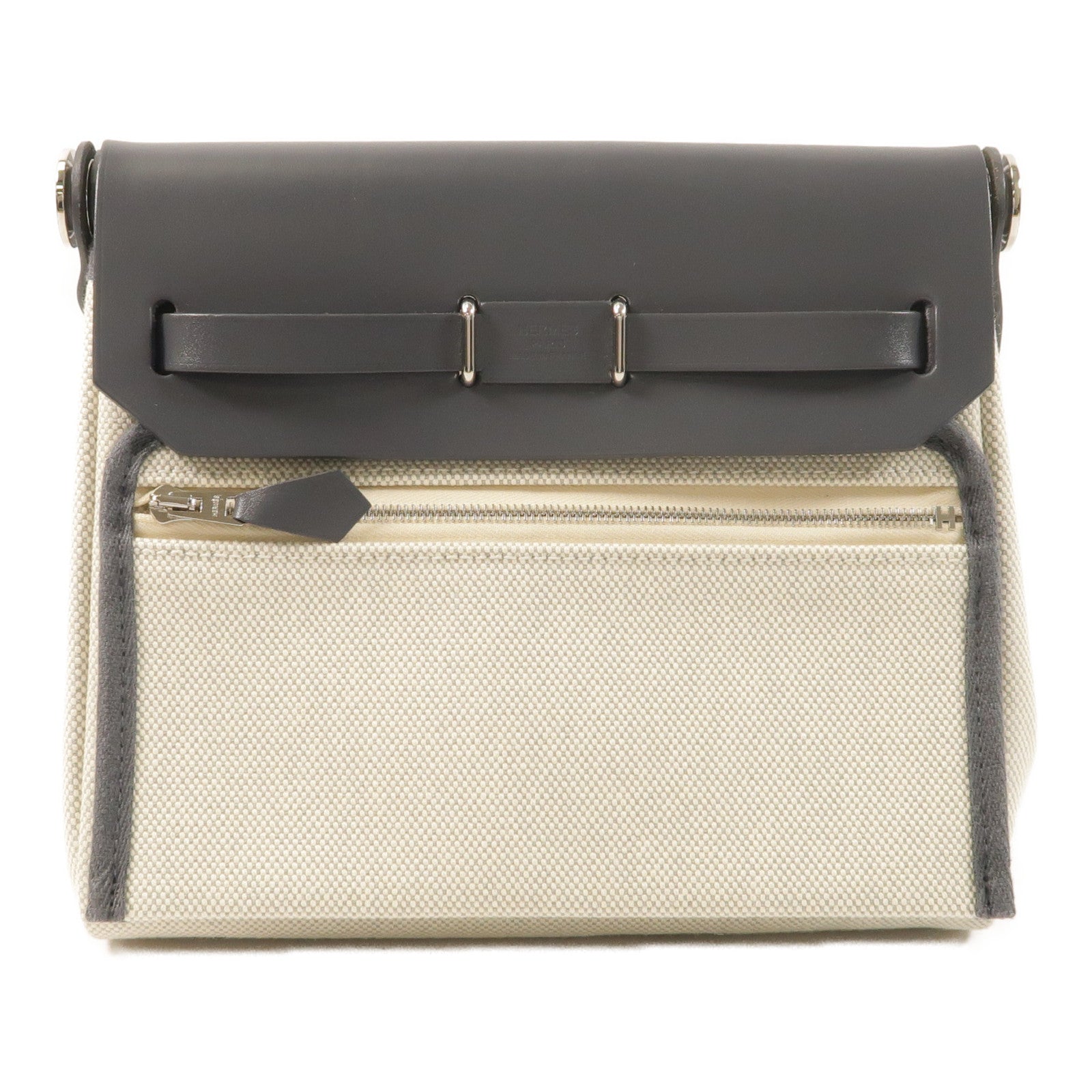 HERMES Toile H帆布/Vache Hunter皮革Mini Herbag銀扣肩背袋Ardoise
