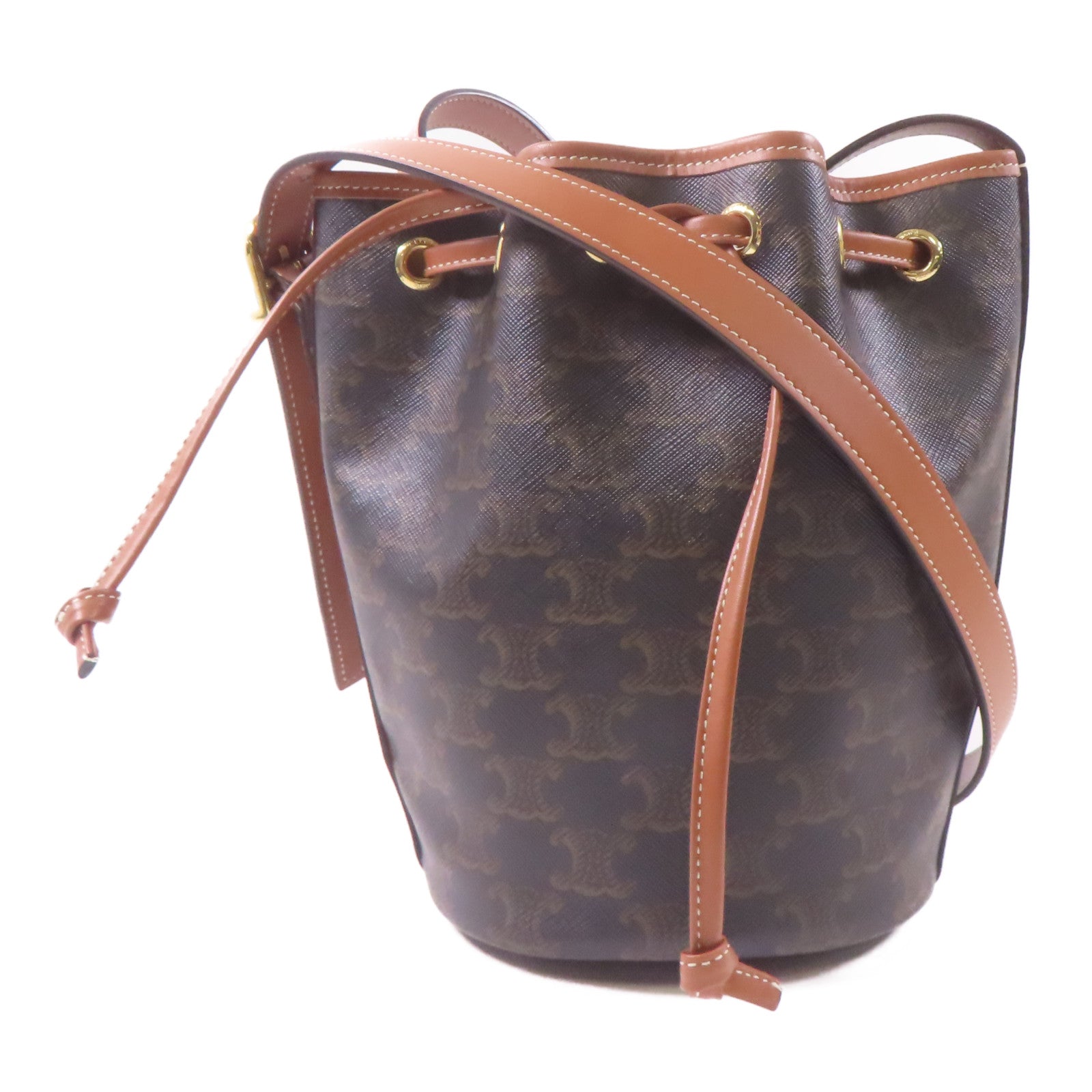 CELINE 塗層帆布Drawstring Bag金扣肩背袋啡色
