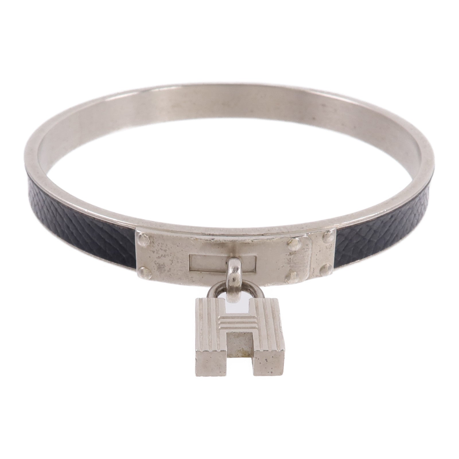 HERMES 金屬/Madame皮革H Lock Cadena Bangle手鐲Noir
