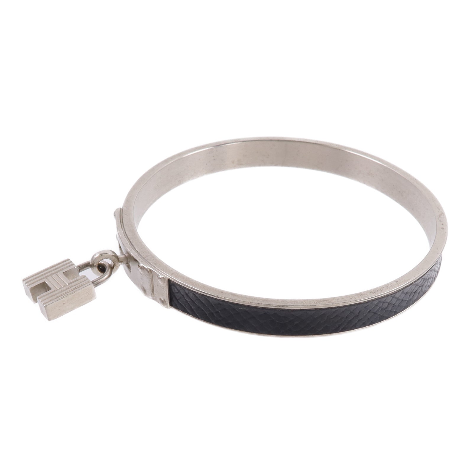 HERMES 金屬/Madame皮革H Lock Cadena Bangle手鐲Noir