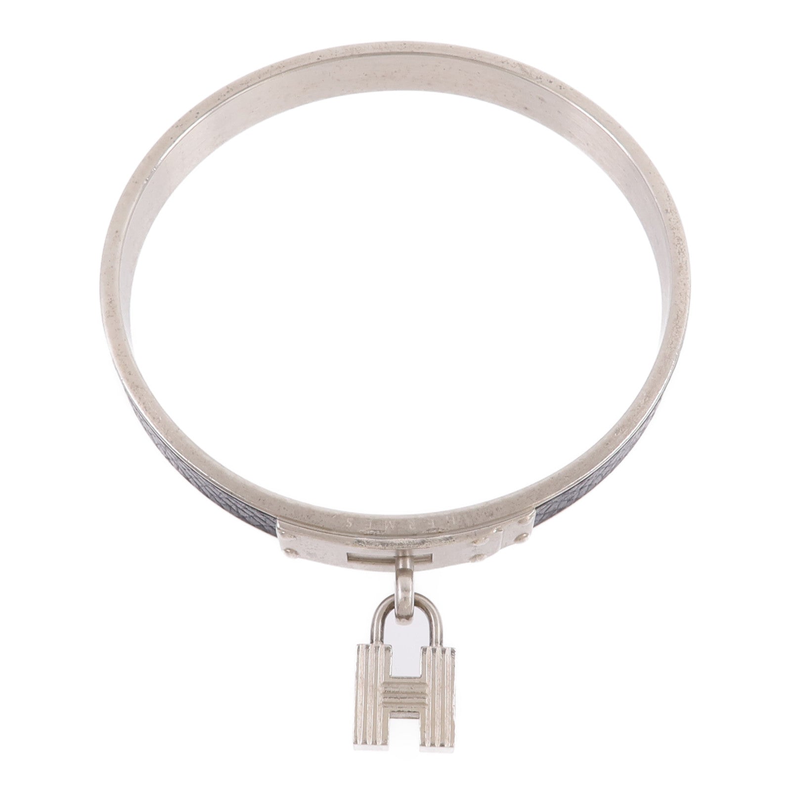 HERMES 金屬/Madame皮革H Lock Cadena Bangle手鐲Noir