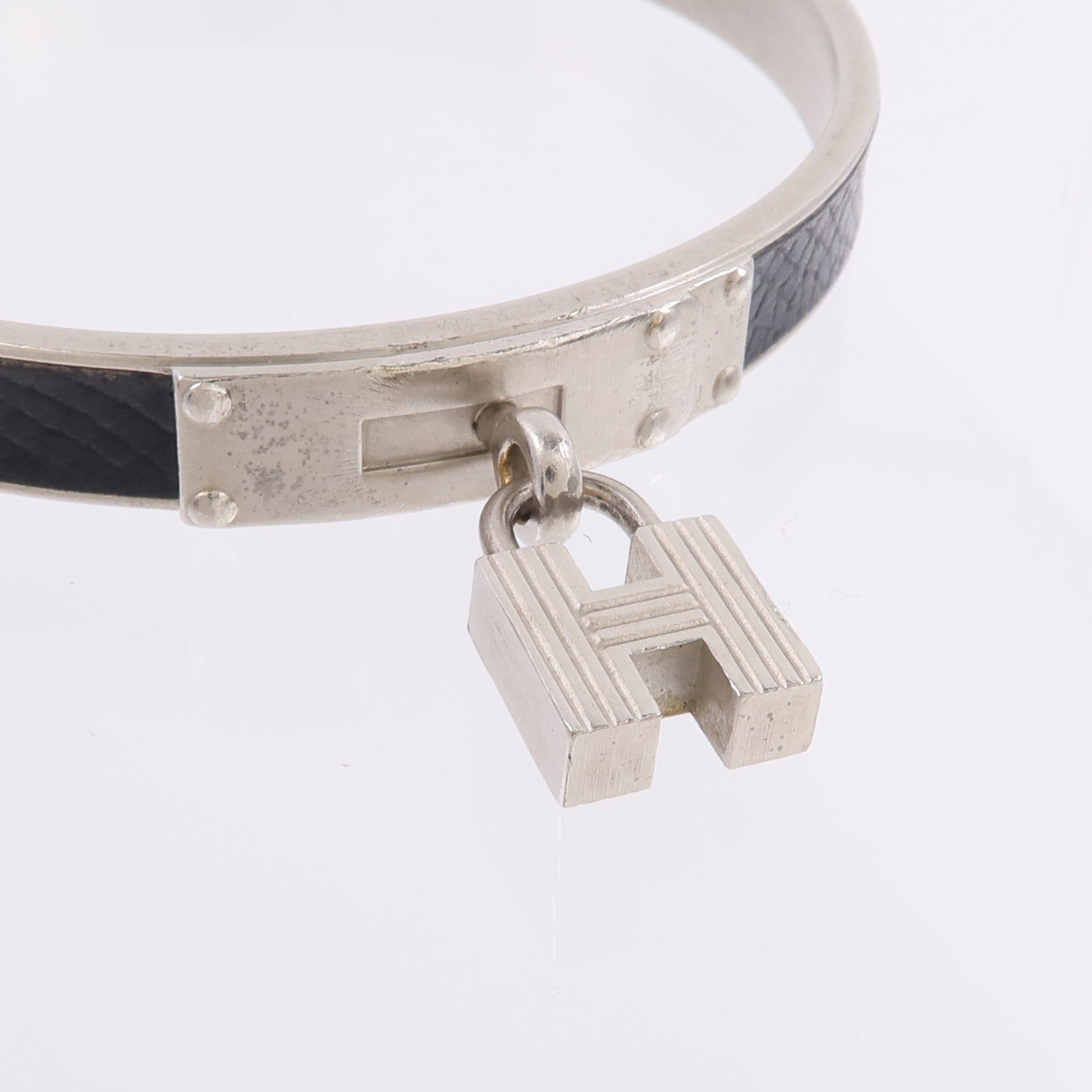 HERMES 金屬/Madame皮革H Lock Cadena Bangle手鐲Noir