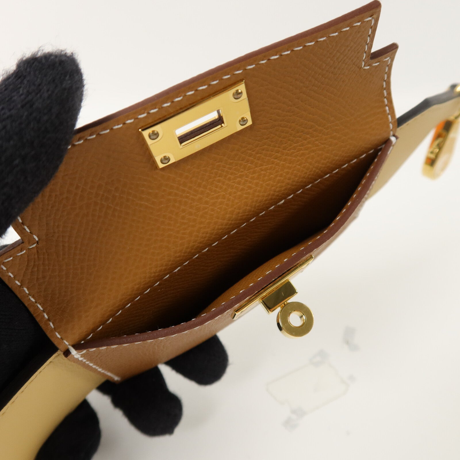 HERMES Epson/Swift皮革Kelly Pocket Strap肩帶Gold/Natural