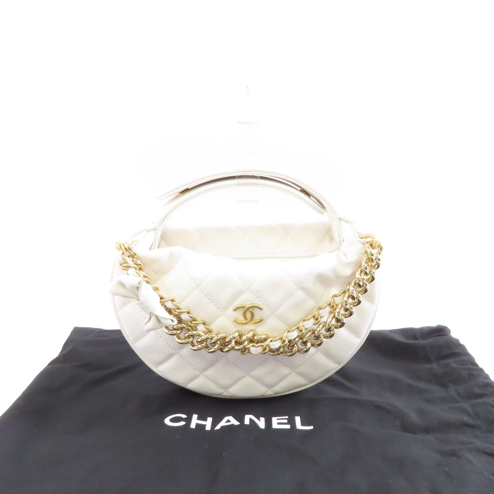CHANEL 【激減優惠】菱格Caviar皮革Pouch金扣鏈帶手拿包白色