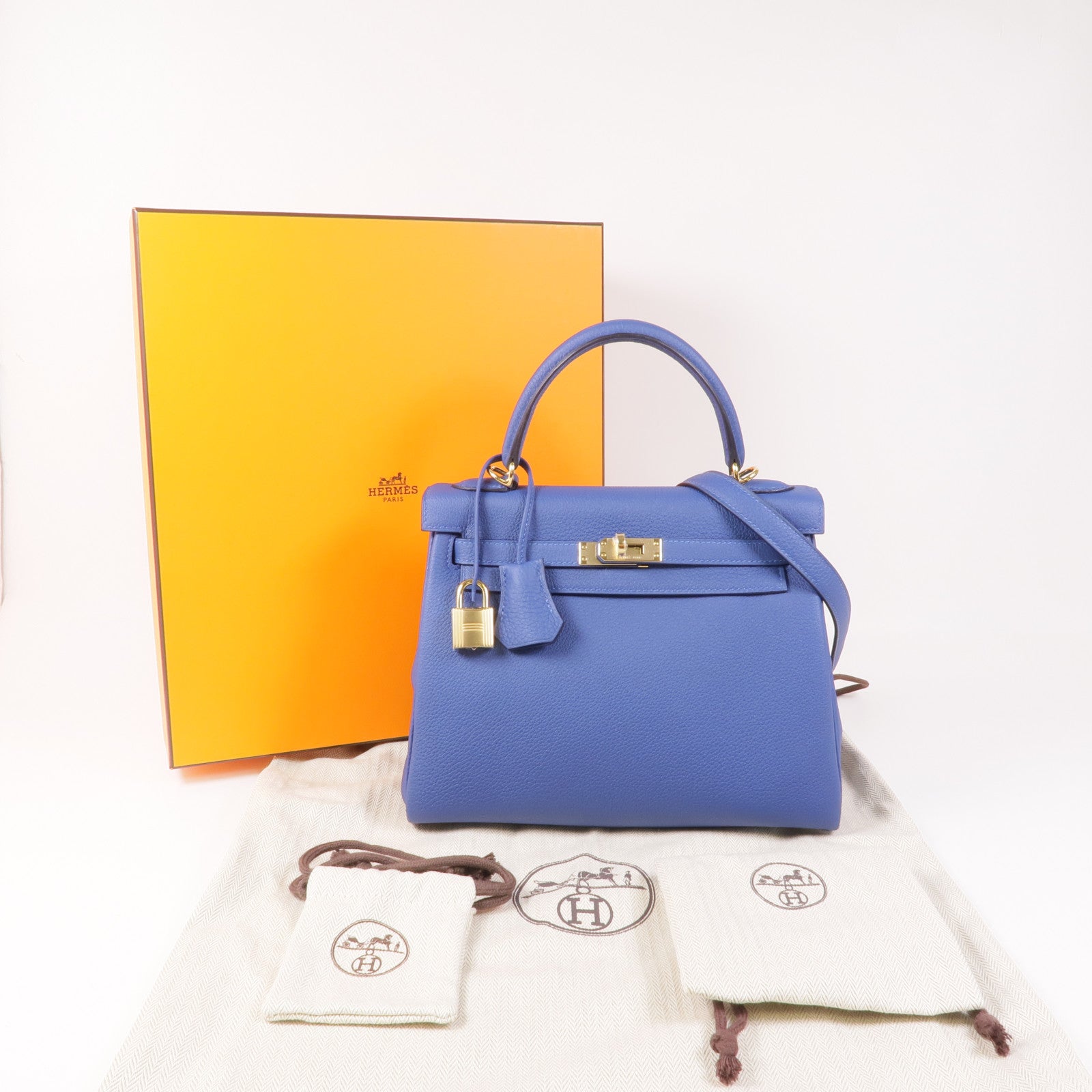 HERMES Togo皮革Kelly II 25金扣手挽肩背兩用袋Bleu Tie