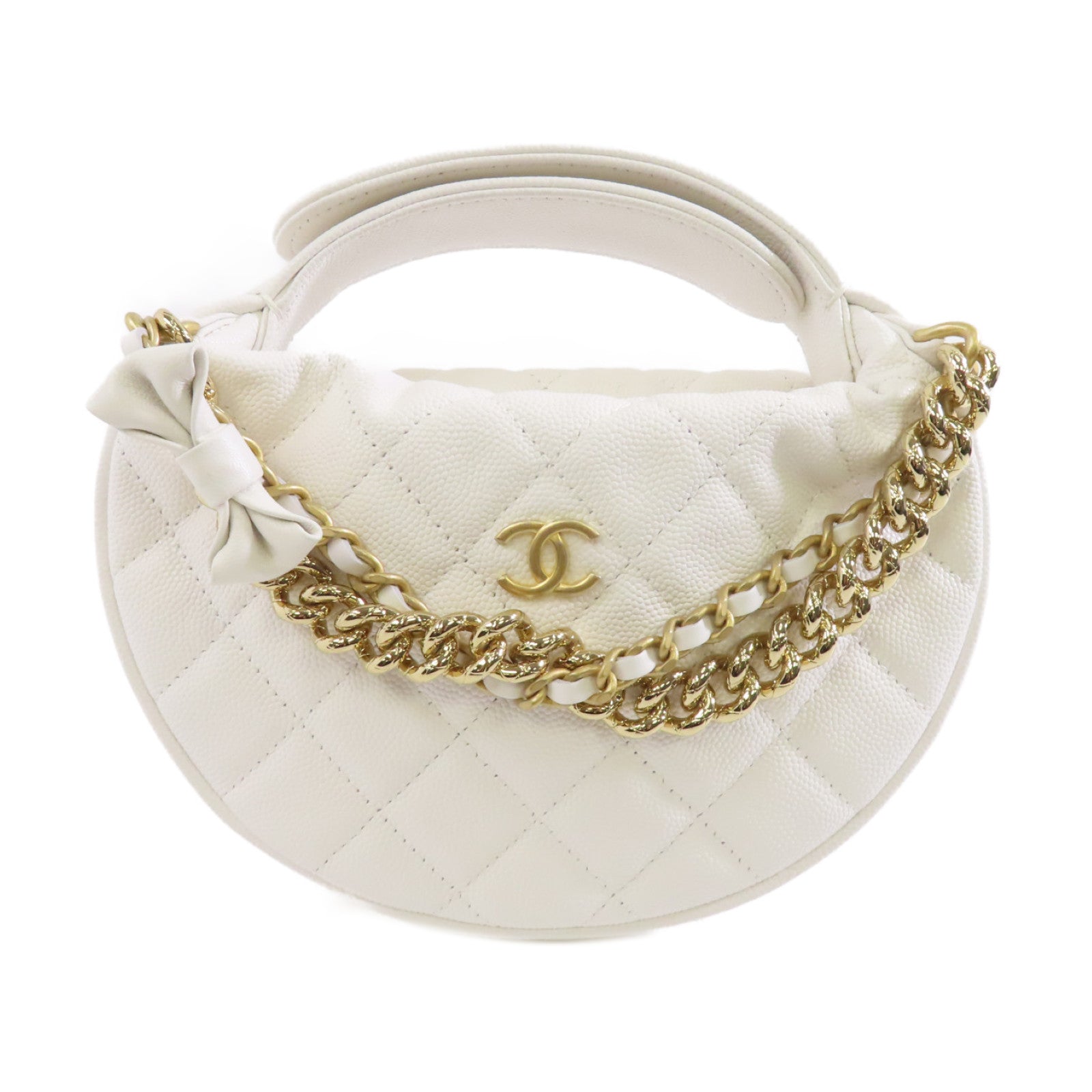 CHANEL 【激減優惠】菱格Caviar皮革Pouch金扣鏈帶手拿包白色