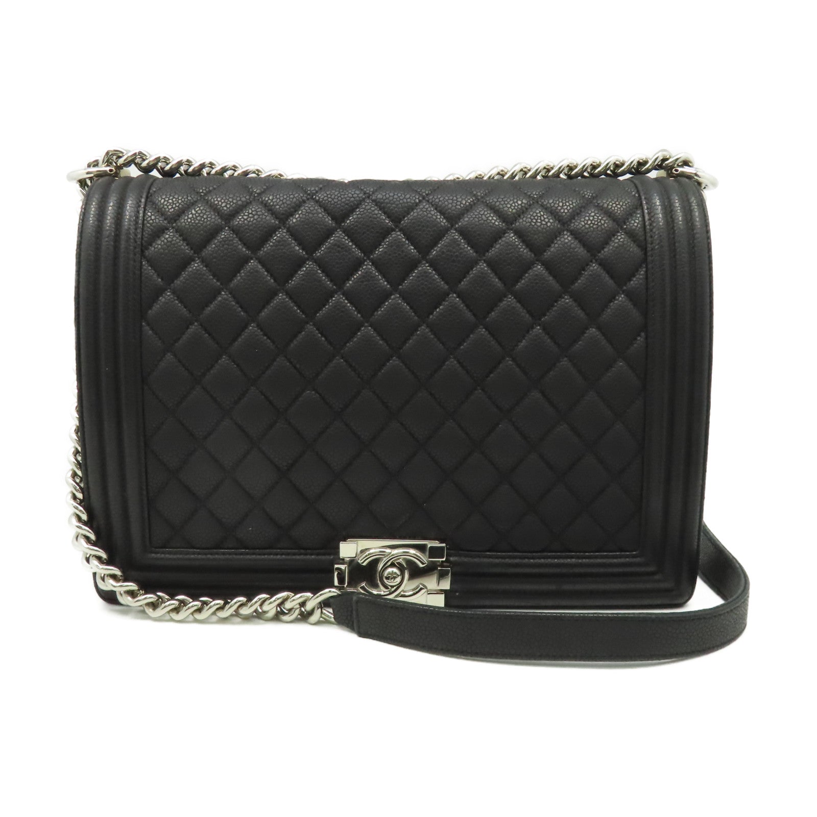 CHANEL 【清倉大減價】菱格Caviar皮革Boy Chanel Chain Shoulder Bag銀扣鏈帶肩背袋黑色