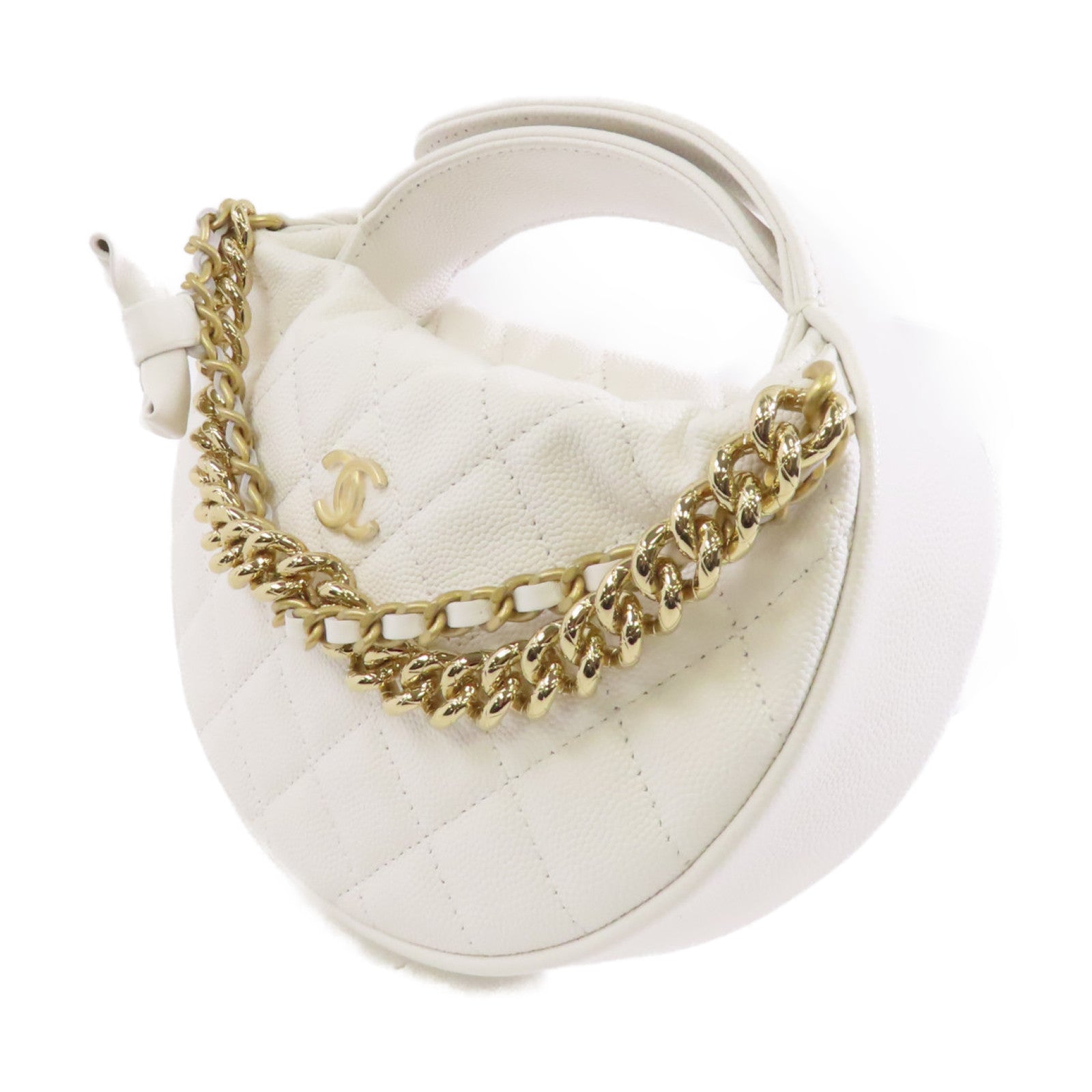 CHANEL 【激減優惠】菱格Caviar皮革Pouch金扣鏈帶手拿包白色