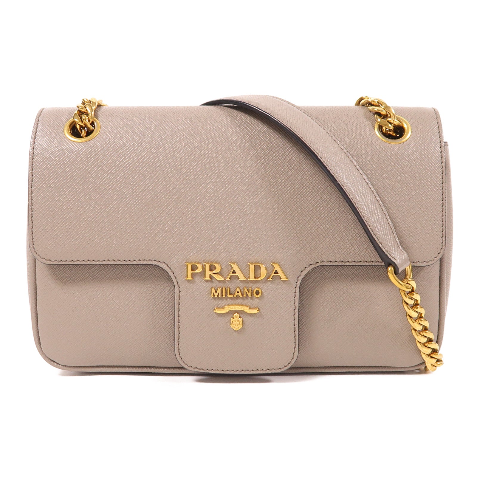 PRADA Saffiano皮革Chain Shoulder金扣鏈帶肩背袋