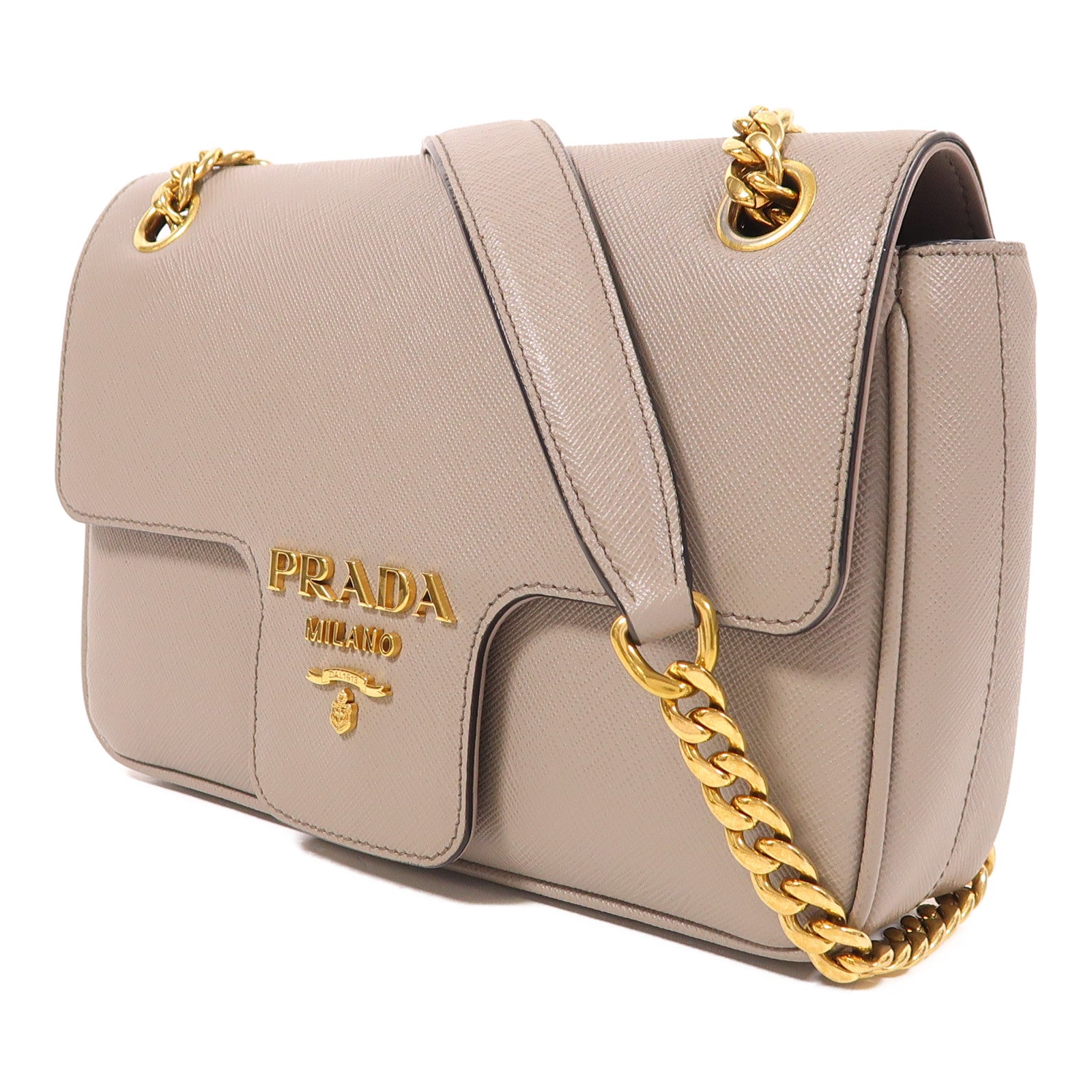 PRADA Saffiano皮革Chain Shoulder金扣鏈帶肩背袋