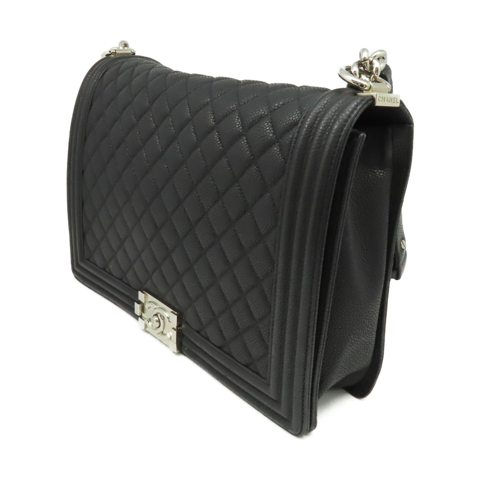 CHANEL 【清倉大減價】菱格Caviar皮革Boy Chanel Chain Shoulder Bag銀扣鏈帶肩背袋黑色