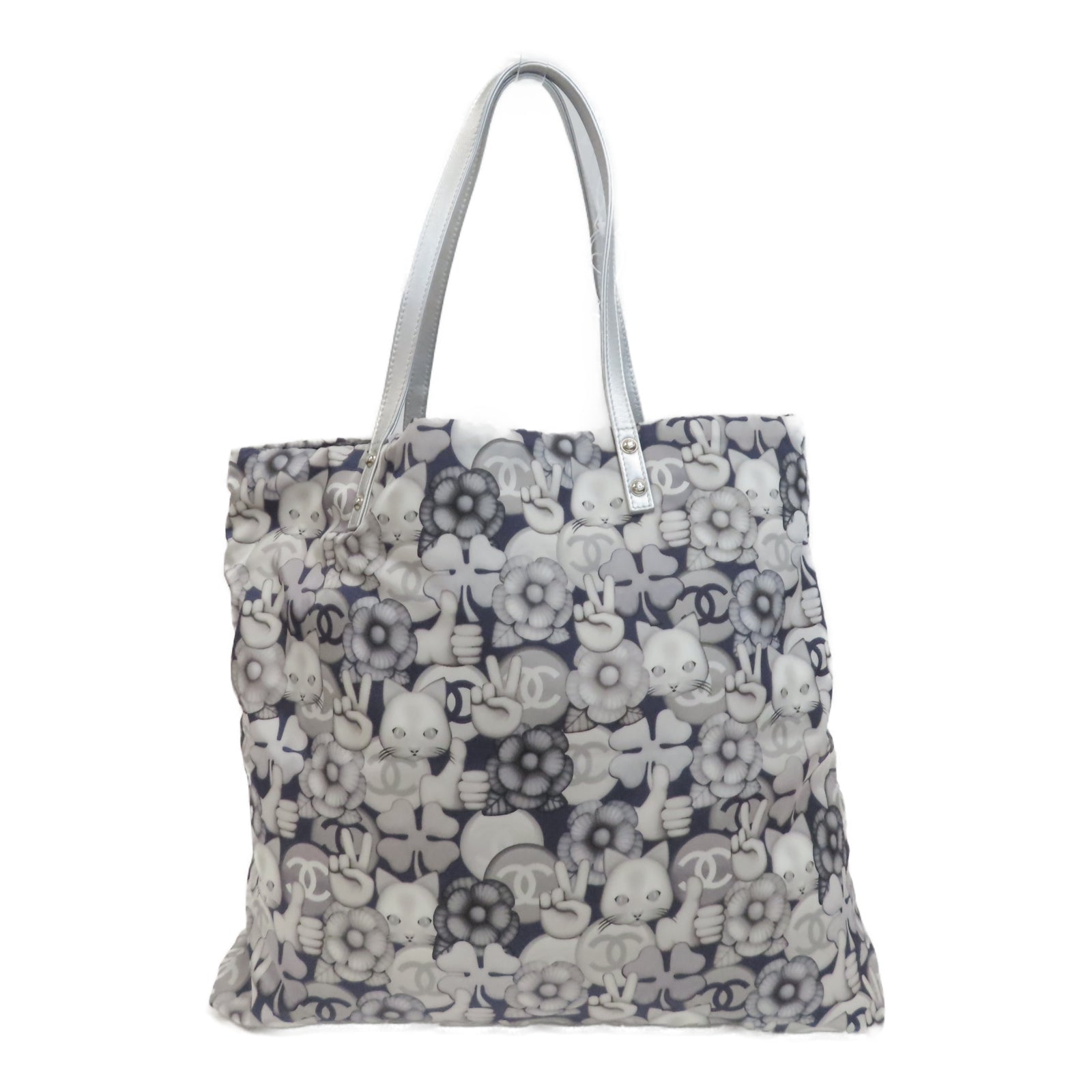 CHANEL 帆布Totebag銀扣手挽袋銀色/深藍色