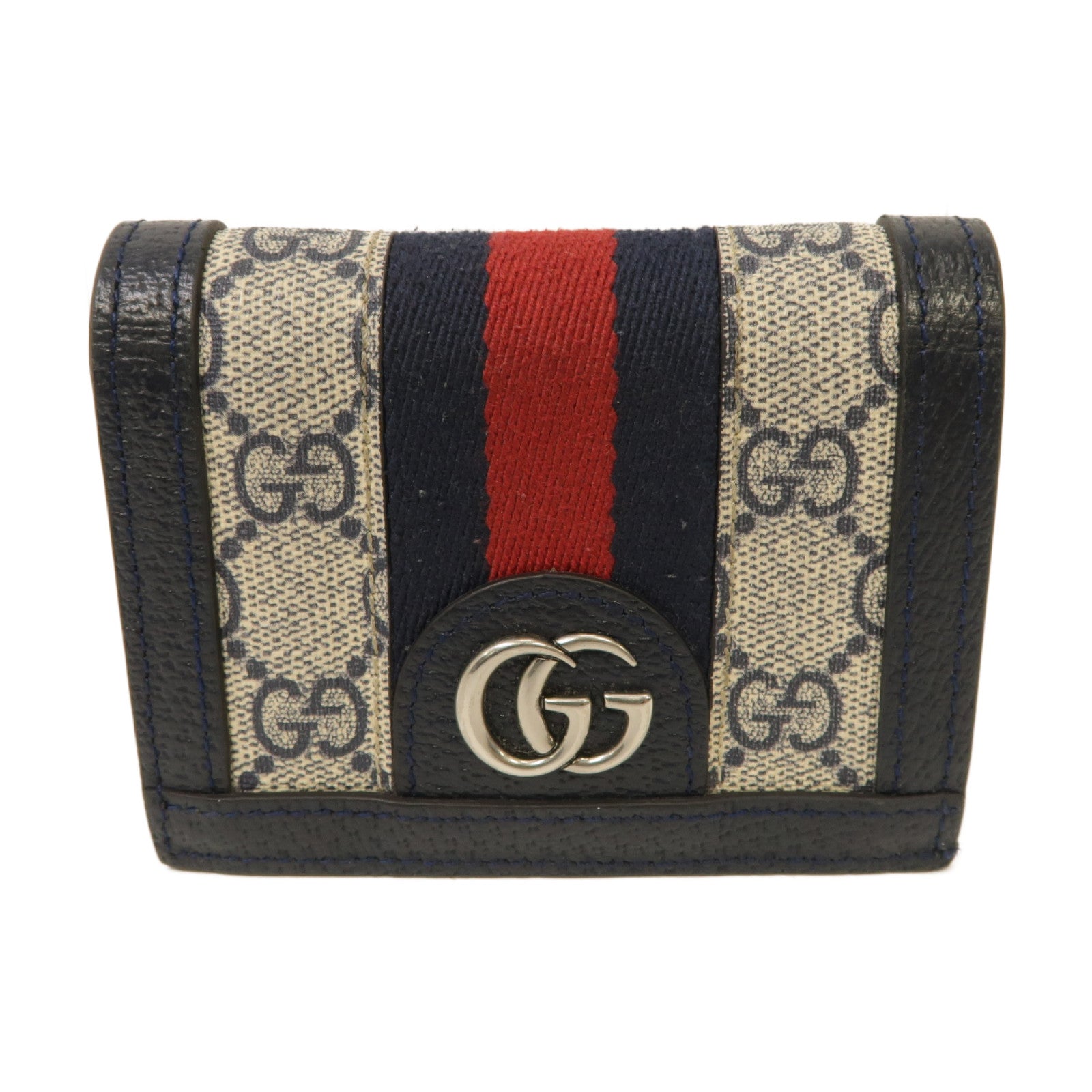GUCCI 塗層帆布/皮革GG Supreme Ophidia Card Case Wallet銀扣錢包米色/深藍色