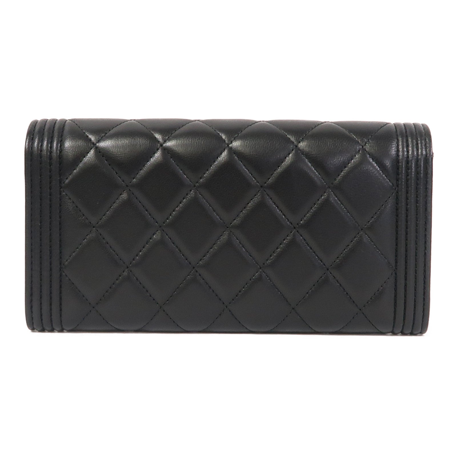 CHANEL 菱格羊皮皮革Boy Long Wallet金扣長錢包黑色