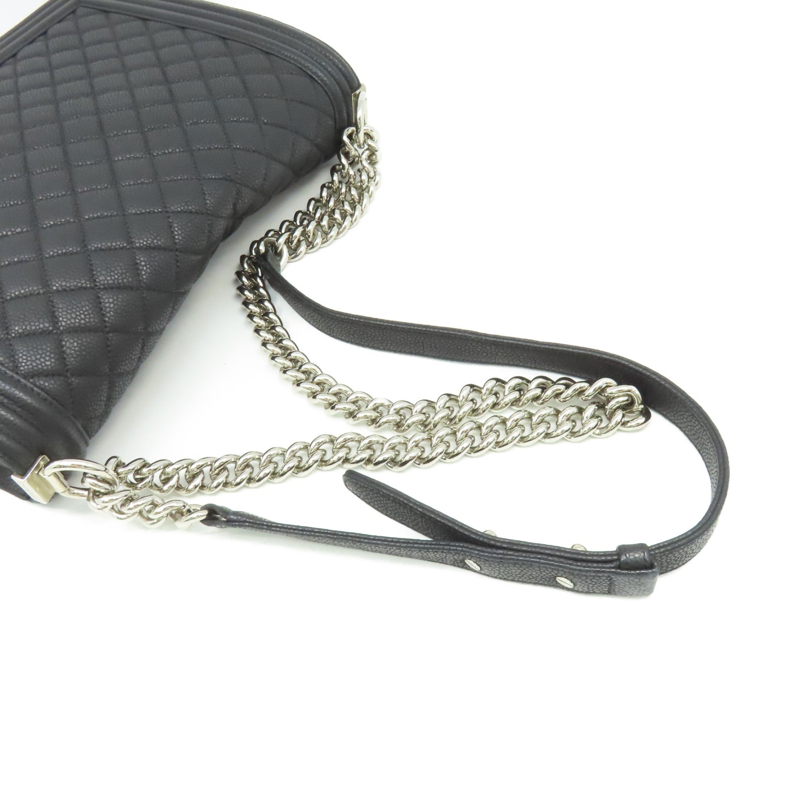 CHANEL 【清倉大減價】菱格Caviar皮革Boy Chanel Chain Shoulder Bag銀扣鏈帶肩背袋黑色
