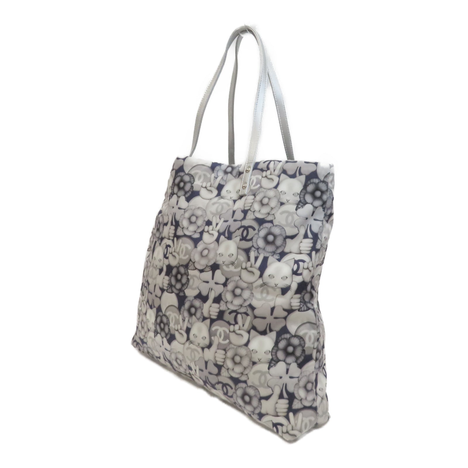 CHANEL 帆布Totebag銀扣手挽袋銀色/深藍色