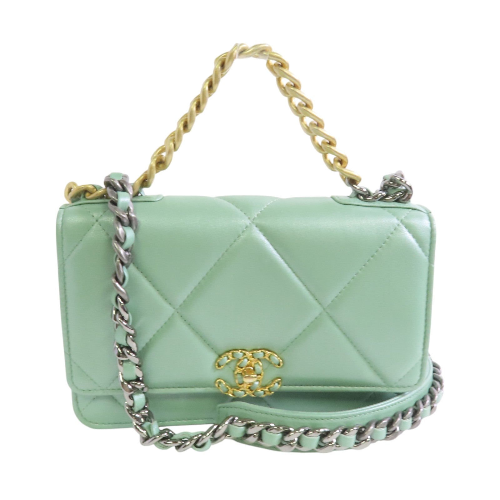 CHANEL CC GHW Chanel 19 WOC Hand Shoulder Bag Lambskin Leather Light Green