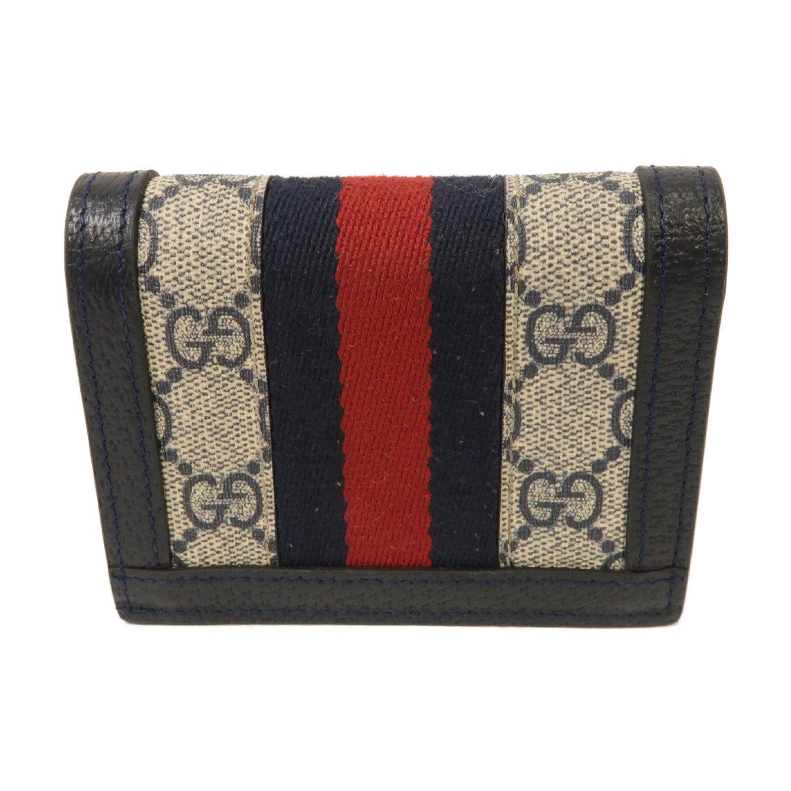GUCCI 塗層帆布/皮革GG Supreme Ophidia Card Case Wallet銀扣錢包米色/深藍色