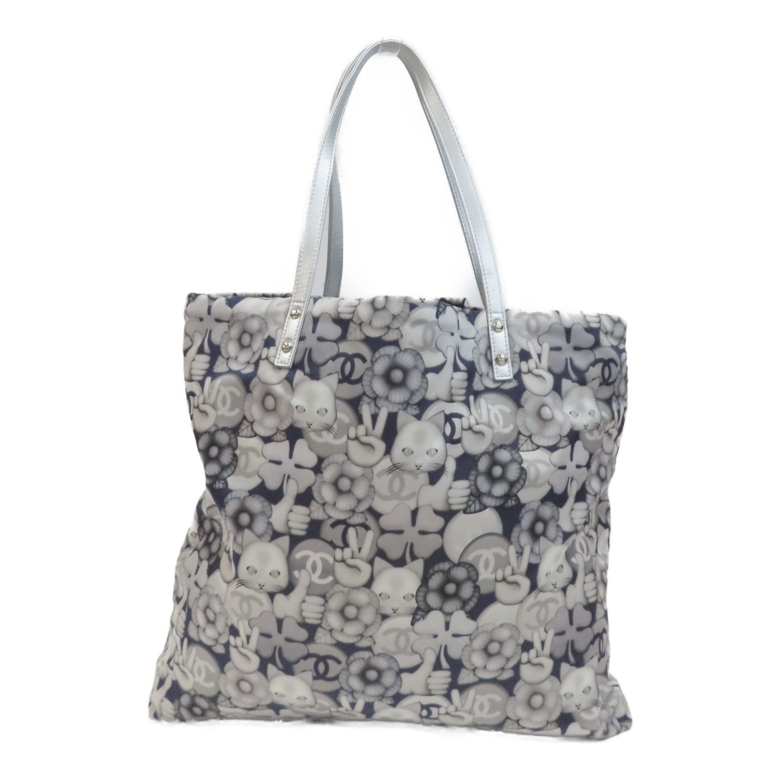 CHANEL 帆布Totebag銀扣手挽袋銀色/深藍色