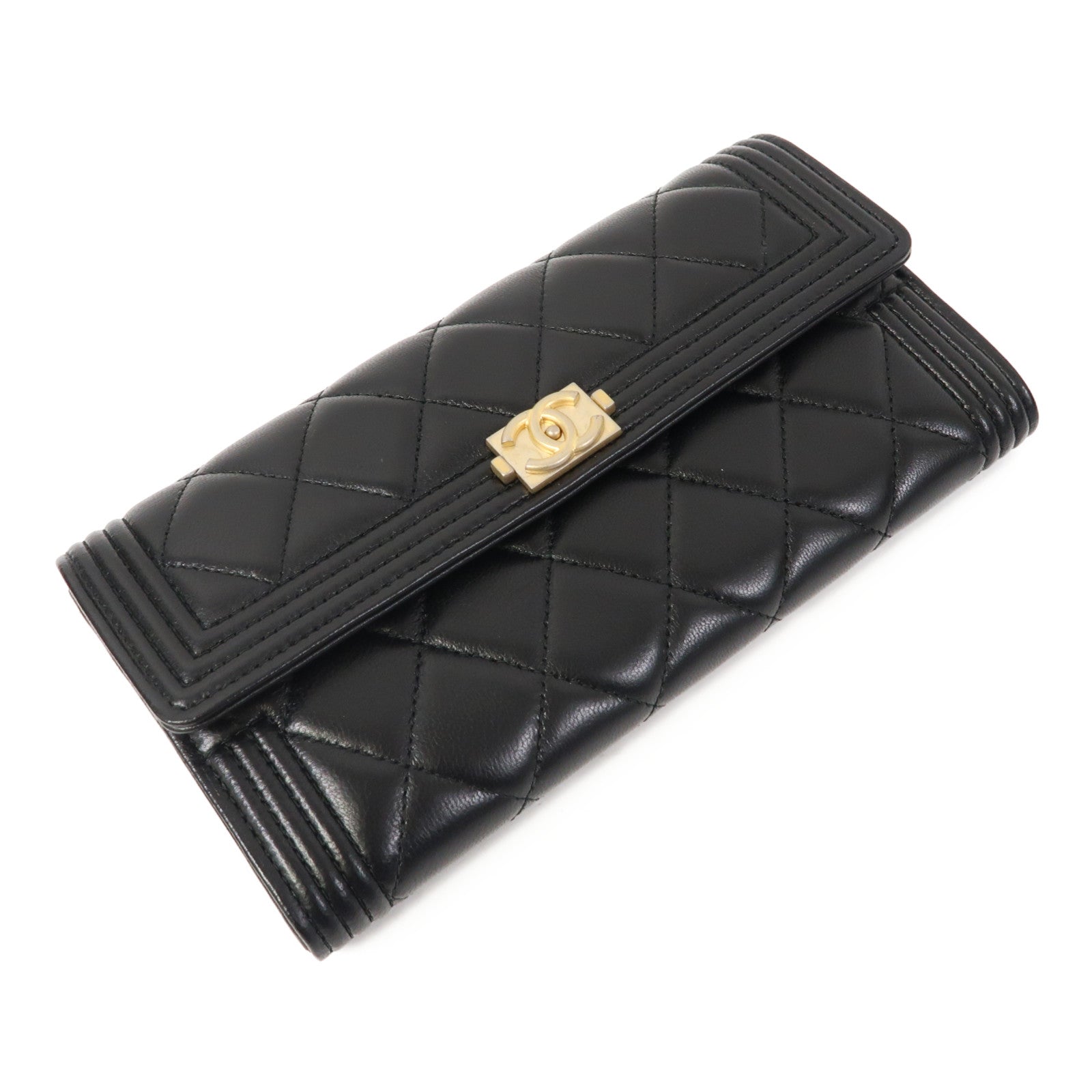 CHANEL 菱格羊皮皮革Boy Long Wallet金扣長錢包黑色
