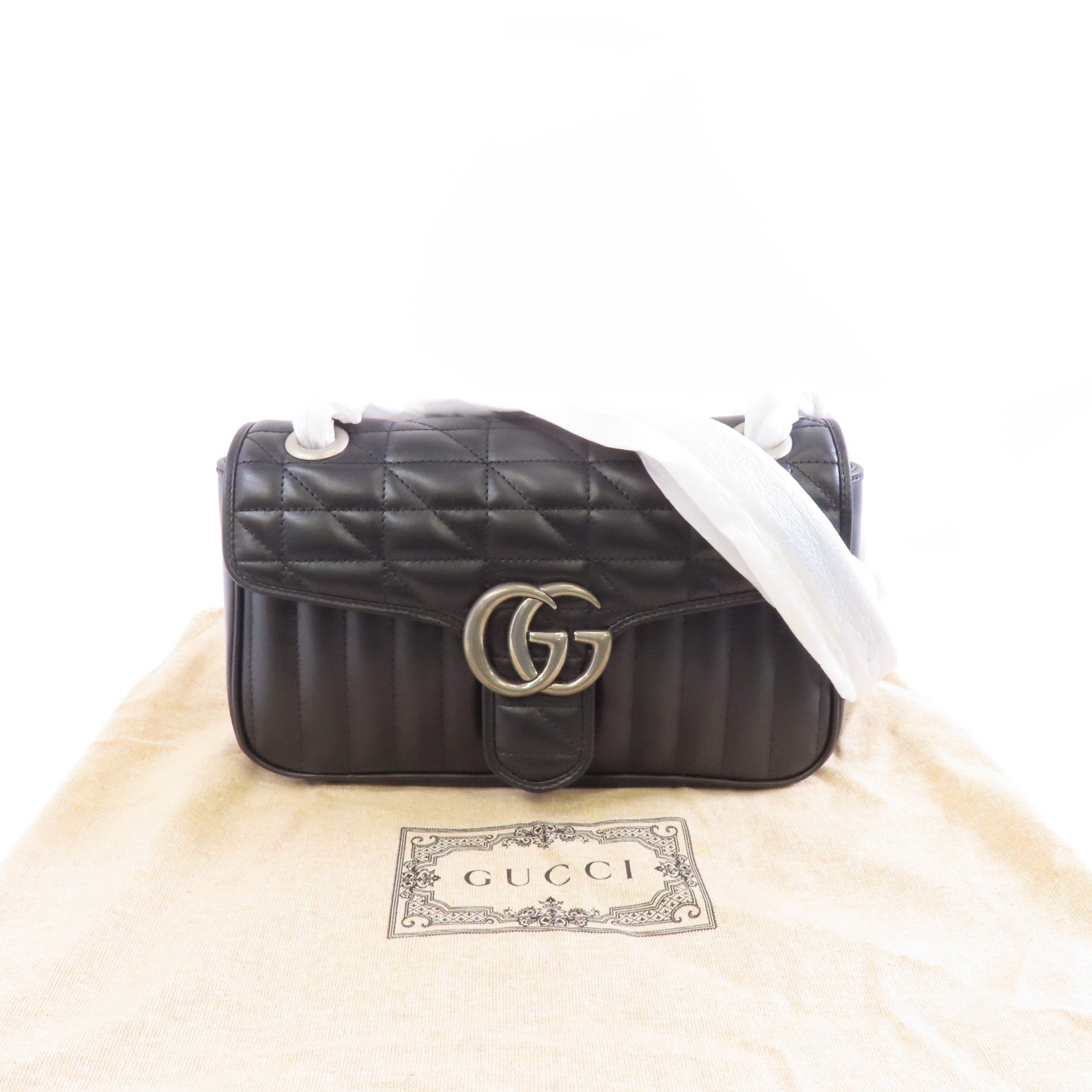 GUCCI 牛皮皮革GG Marmont銀扣肩背袋黑色