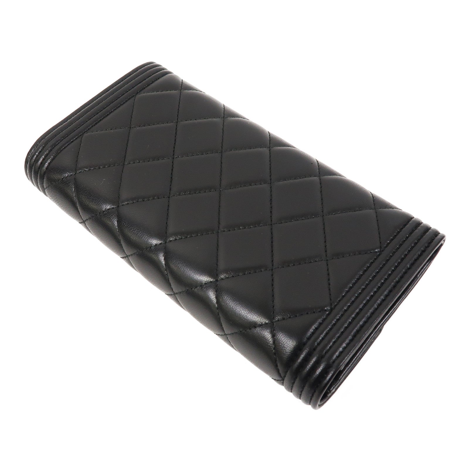 CHANEL 菱格羊皮皮革Boy Long Wallet金扣長錢包黑色