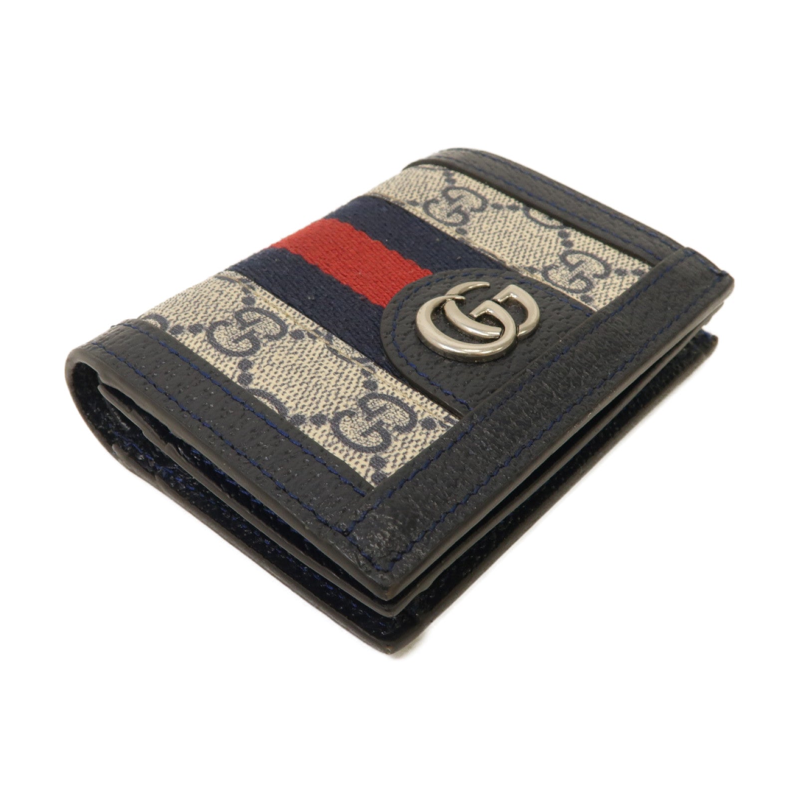 GUCCI 塗層帆布/皮革GG Supreme Ophidia Card Case Wallet銀扣錢包米色/深藍色