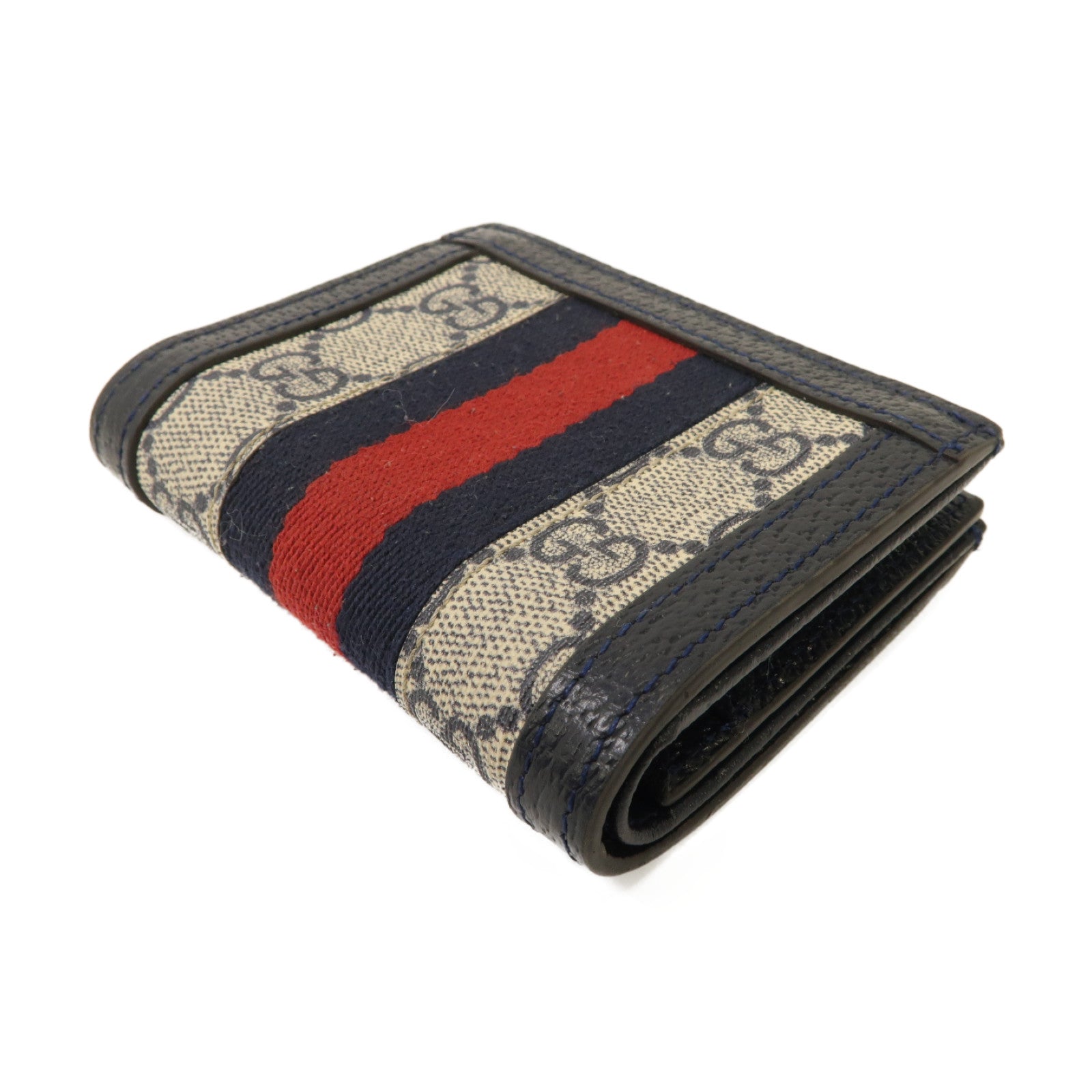 GUCCI 塗層帆布/皮革GG Supreme Ophidia Card Case Wallet銀扣錢包米色/深藍色